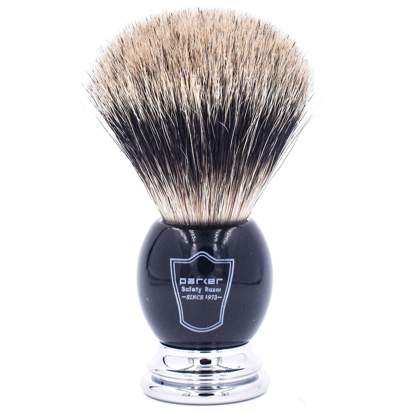Parker Pure Badger Shaving Brush with Stand – Black & Chrome Handle, 22mm Knot | Rich Lather for Soap & Cream | Handcrafted Wet Shaving Brush for Men | Premium Grooming Tool