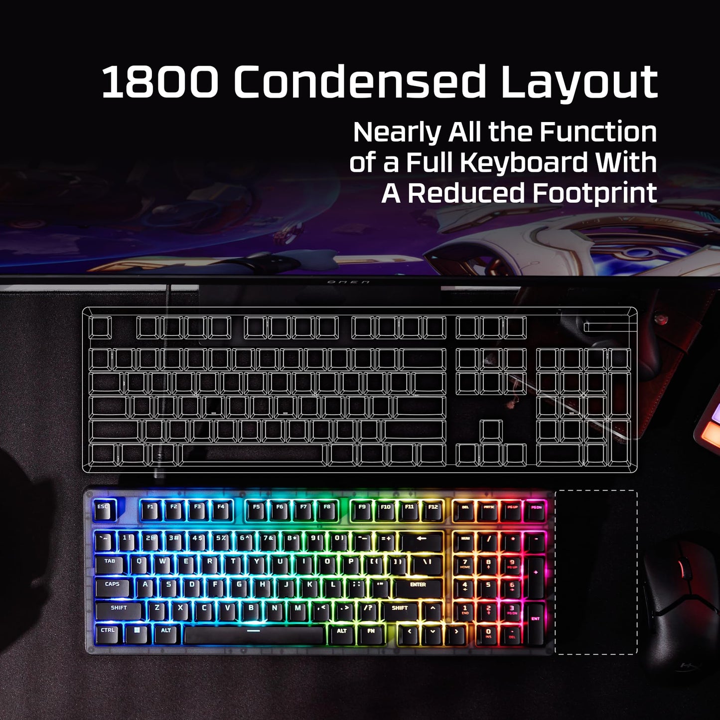 HyperX Origins 2 1800 – Gaming Keyboard, PC, Swappable Housing, Hotswap Switches, High Profile, 1800 Layout, 8k Polling, Adjustable Angle, Mechanical Switches