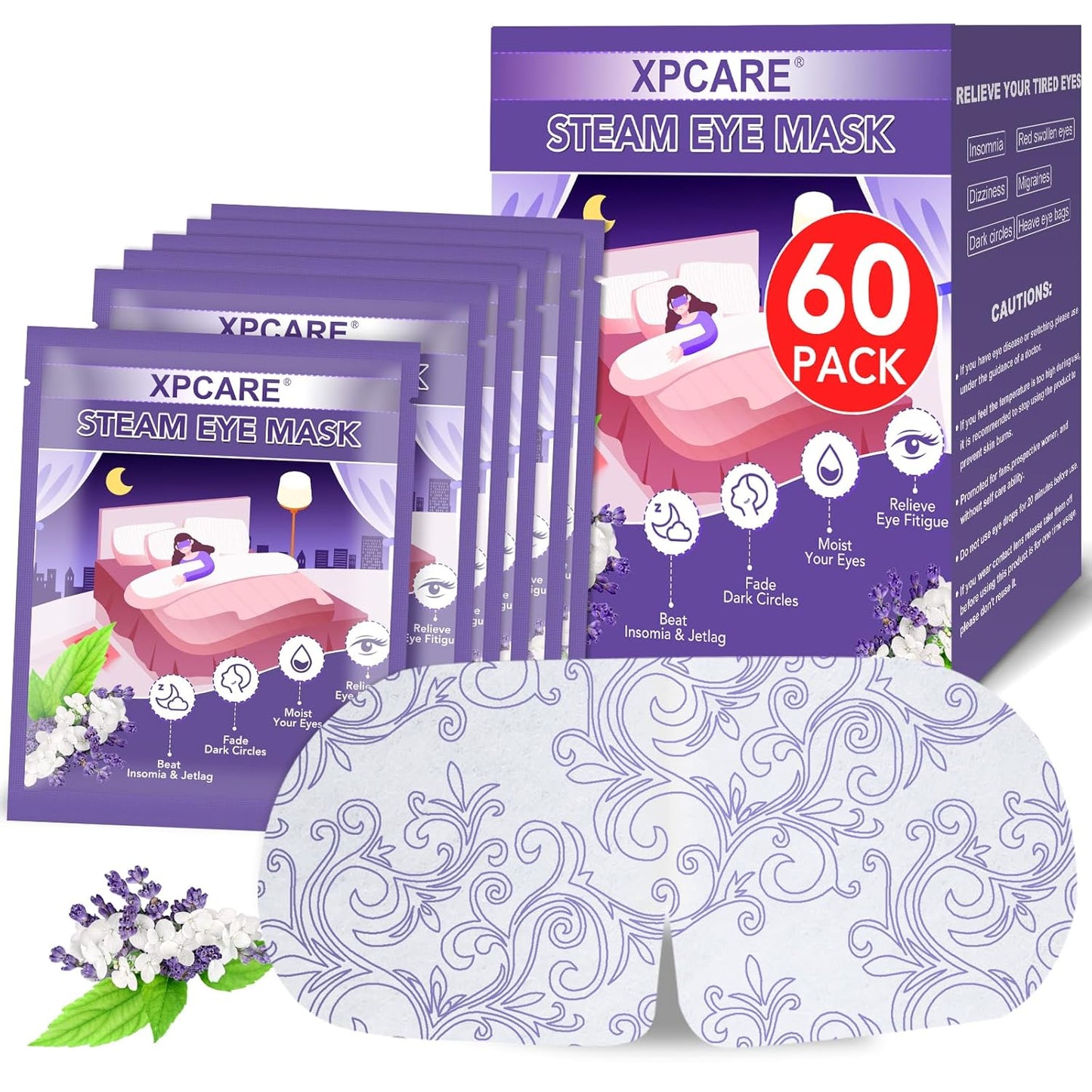 XPCARE Steam Eye Masks - 60 Pack Disposable Heated Eye Masks for Dry Eyes & Dark Circles | Lavender