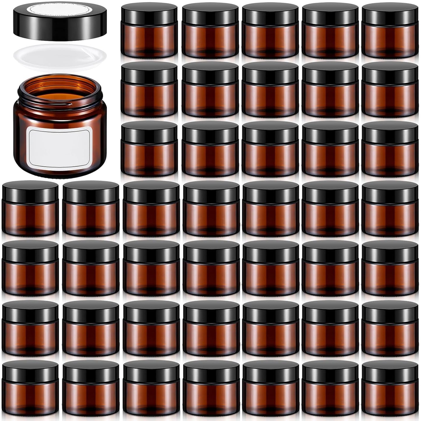 Layhit 60pcs 2 oz Glass Jars - Small Travel Storage Containers for Lotions & Creams | Amber with Black Lids