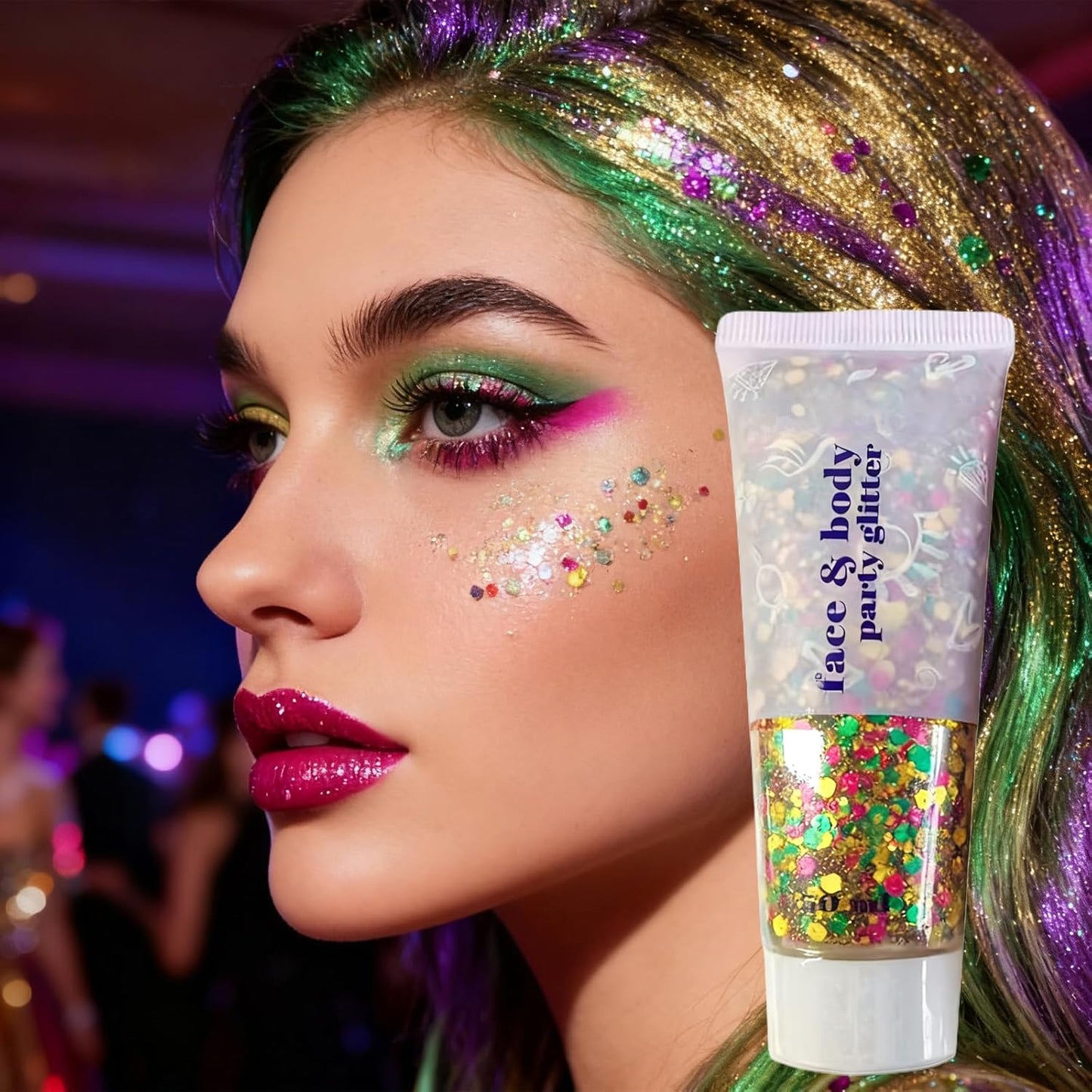 Mardi Gras Glitter Stick - Long-Lasting Face & Body Makeup | Green, Purple, Gold Sparkling Chunky Glitter for Festivals