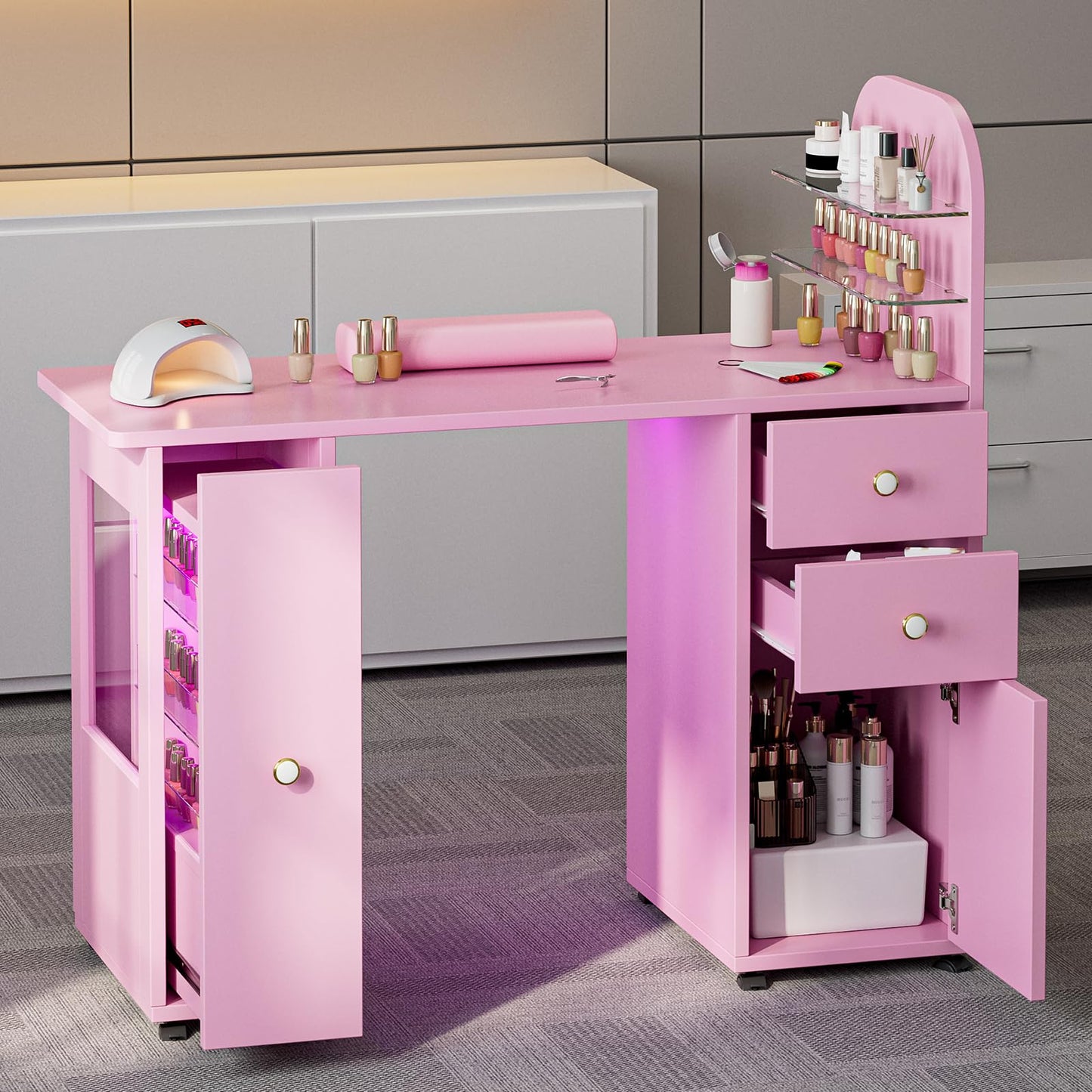 TTGIEET Professional Nail Desk for Nail Tech w/LED Light Display Cabinet, Rolling Manicure Table with Lockable Wheels, Storage Drawers, Wrist Cushion, Acetone Resistant, for Beauty Salon, Spa & Home