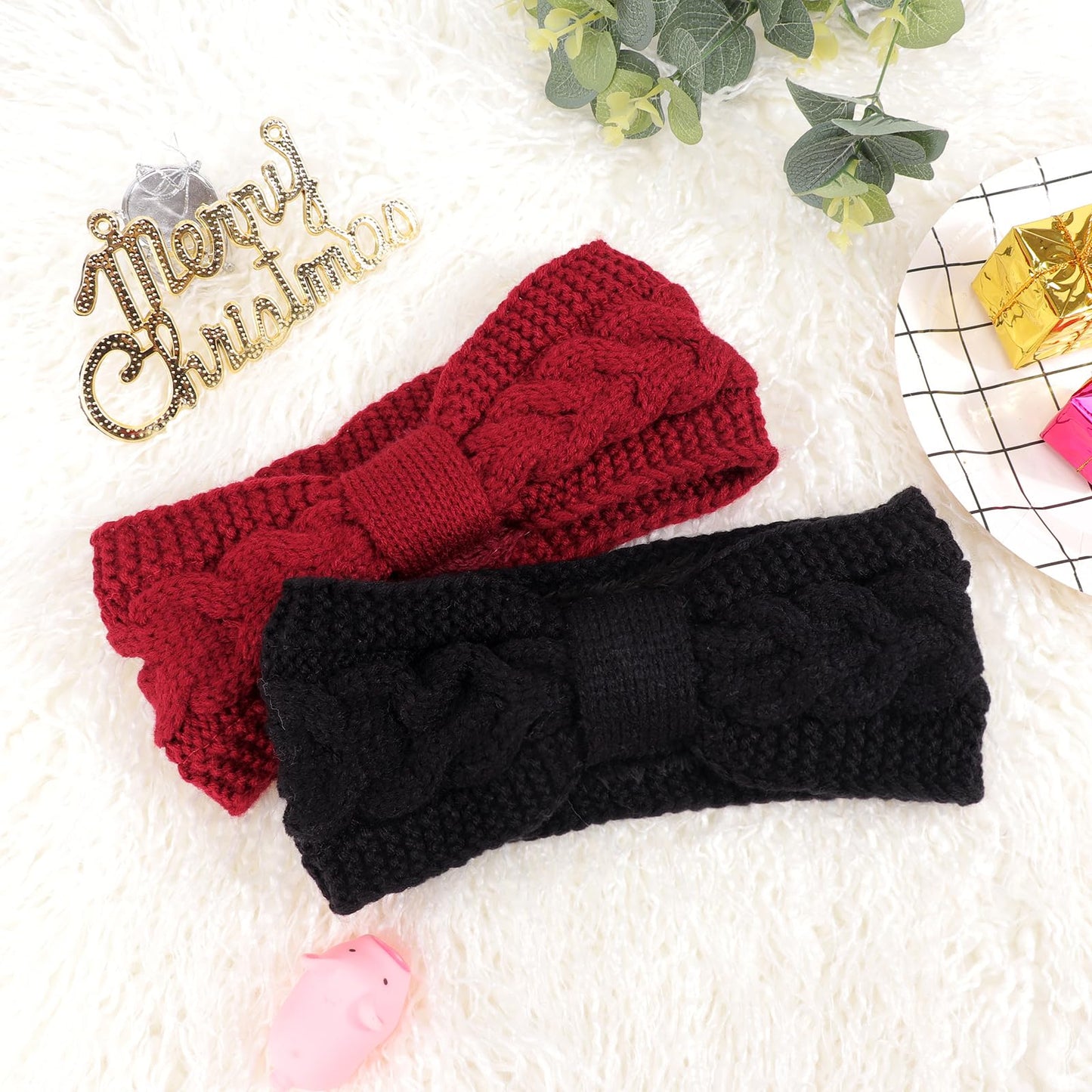 DRESHOW Winter Headbands for Women Wool Crochet Ear Warmer Headband Soft Knit Chunky Turban Stretch Thick Fuzzy Head Wrap
