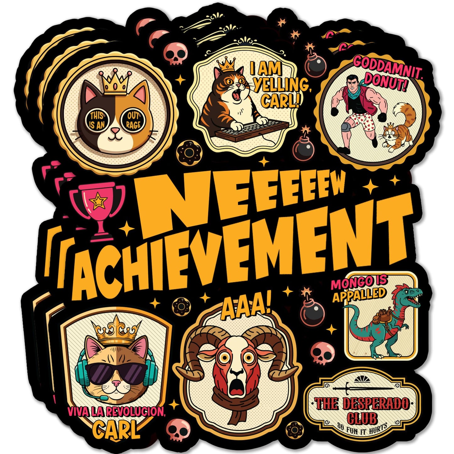 3 Pack New Achievement Sticker Dungeon Crawler Carl Gamer Trophy Princess Donut Bookish Fantasy Reader Decal Waterproof Vinyl Decal for Water Bottle, Laptop, Phone, Car Gift 2 Inch