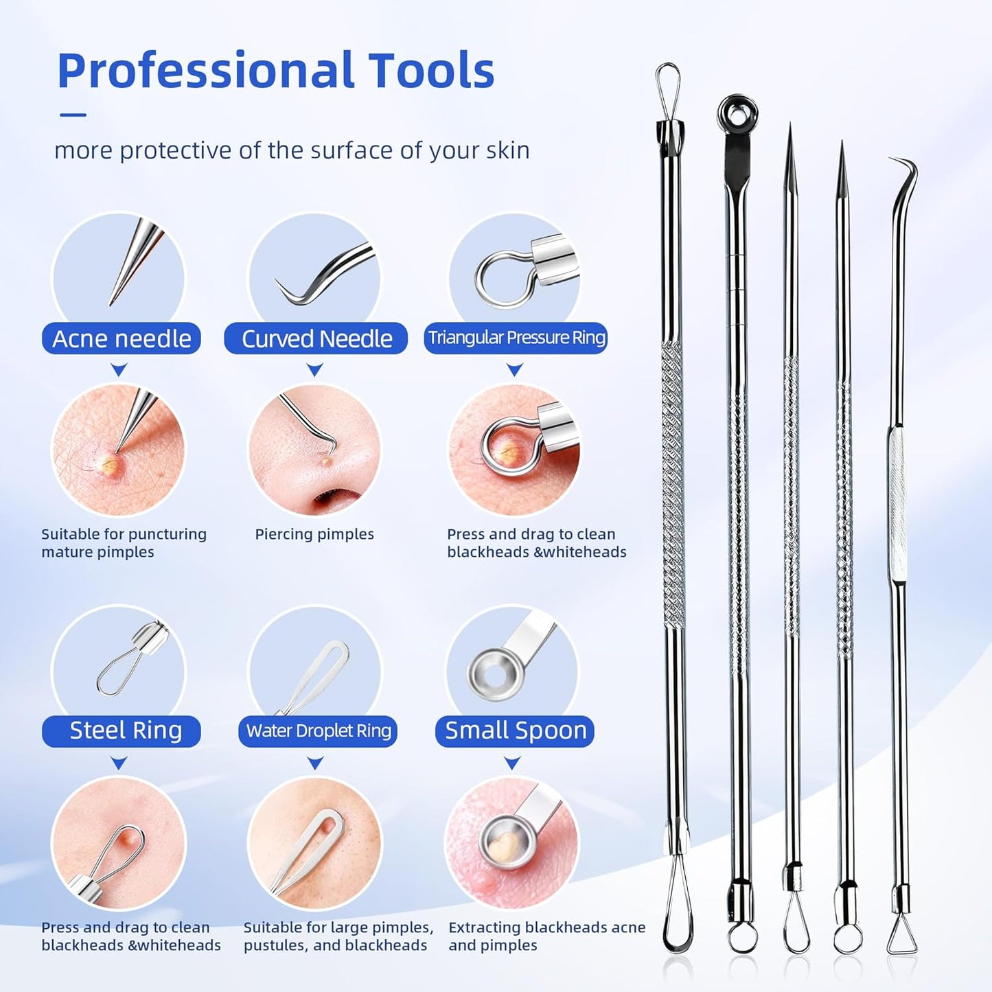 Pimple Popper Tool Kit - 7 PCS Professional Stainless Steel Blackhead Remover | Comedone Extractor Tools for Face - Silver