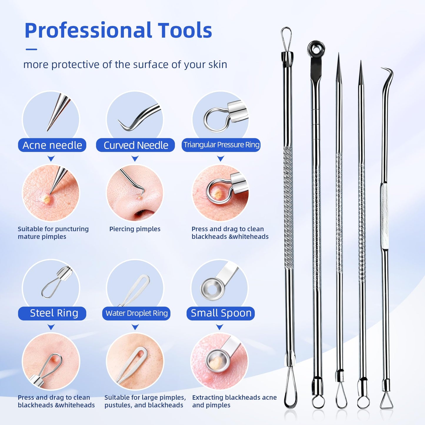 Shelvestar Pimple Popper Tool Kit, 7 PCS Professional Stainless Steel Blackhead Remover Comedone Extractor Tools for Removing Zit on Face - Silver