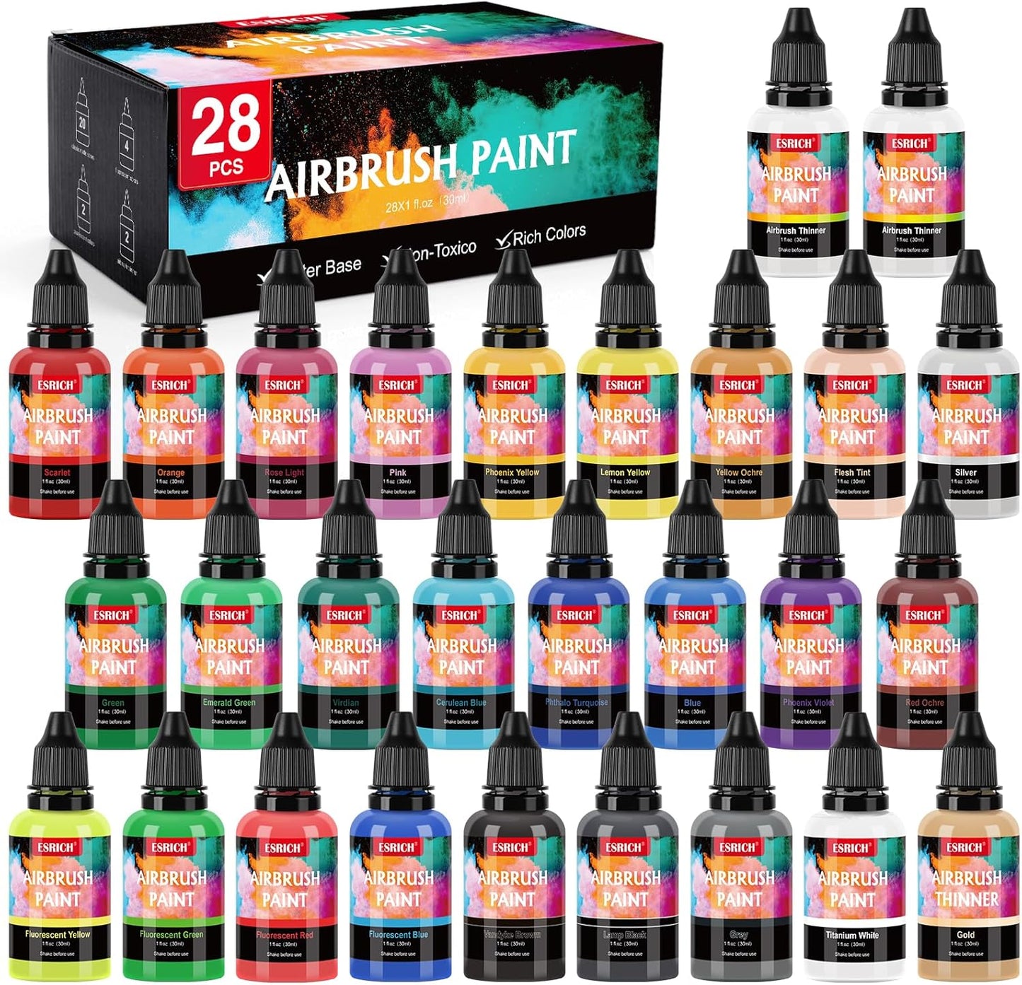 Airbrush Paint Set - 26 Vibrant Colors (1 oz) with 2 Thinners | Water-Based Acrylic for Metal, Plastic, Canvas & Wood