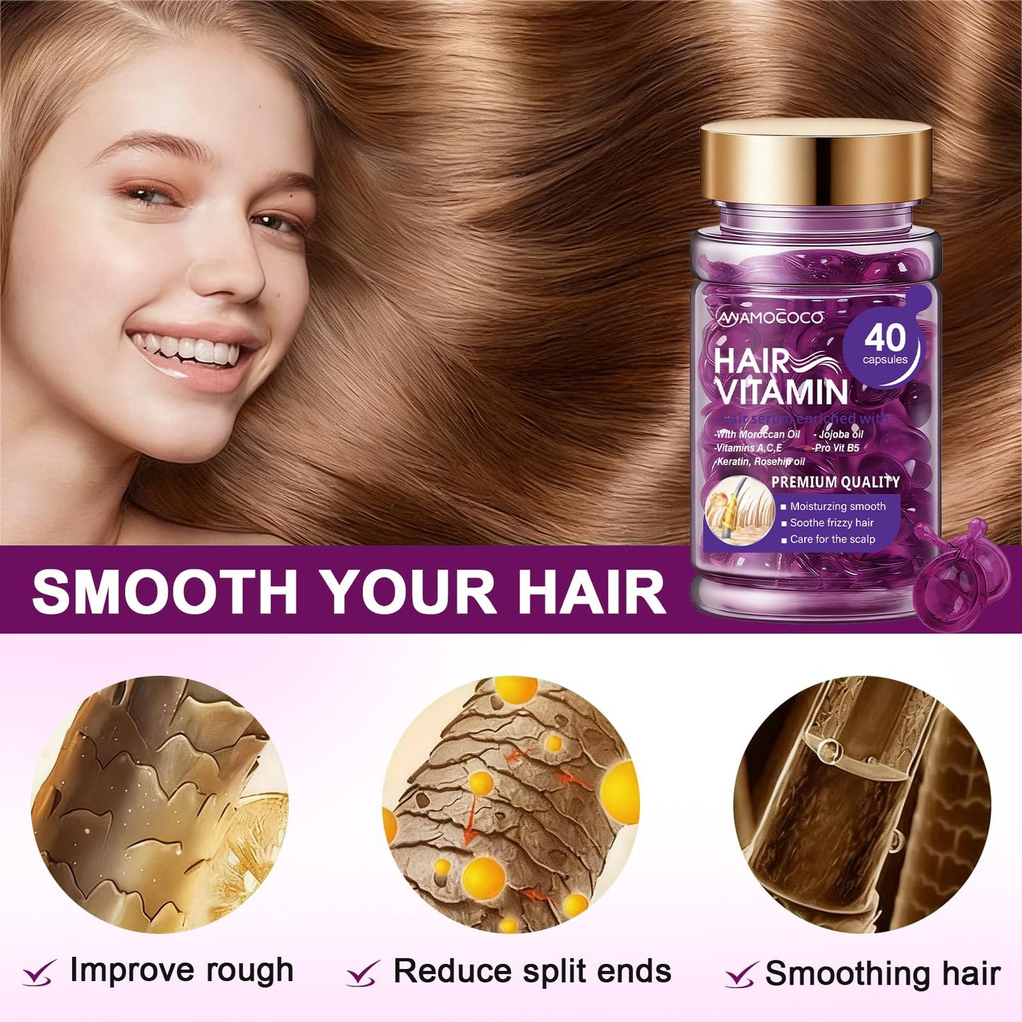 Amococo Hair Oil 40 Capsules with Keratin, Argan Oil & Jojoba Oil, Nourishing & Strengthening Hair for Dry, Damaged Hair, Frizz Control & Softness for Women & Men