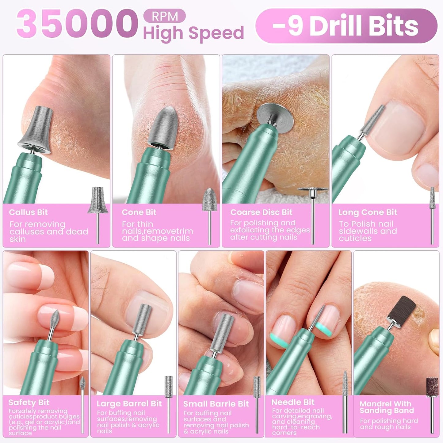 Cordless Nail Drill - 35000RPM Electric Nail File for Acrylic Gel Nails | Rechargeable Manicure Pedicure Kit with LCD Display - Green