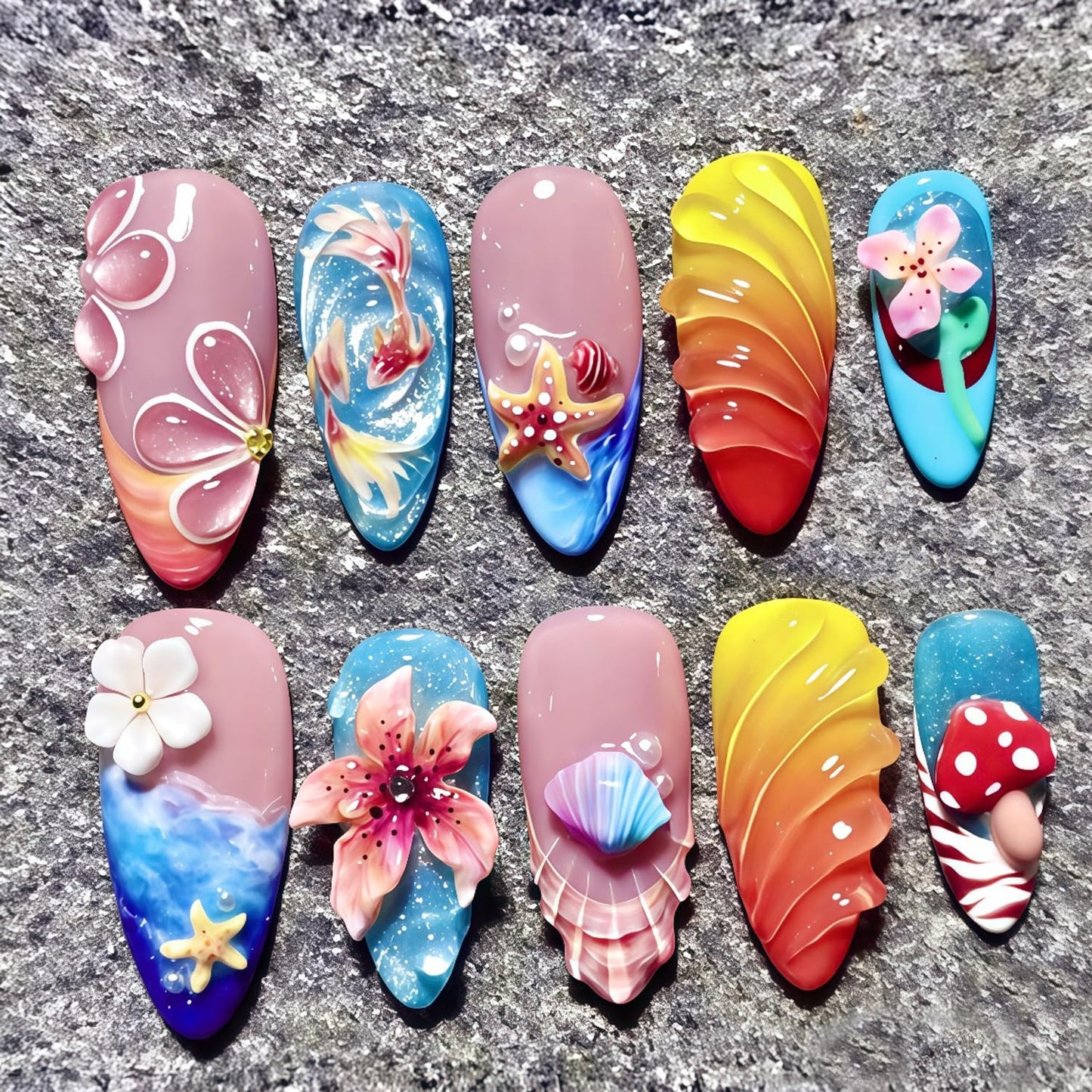 Almond Press On Nails - 30Pcs Medium Fake Nails with 3D Floral Art | Red French Gradient Acrylic for Women