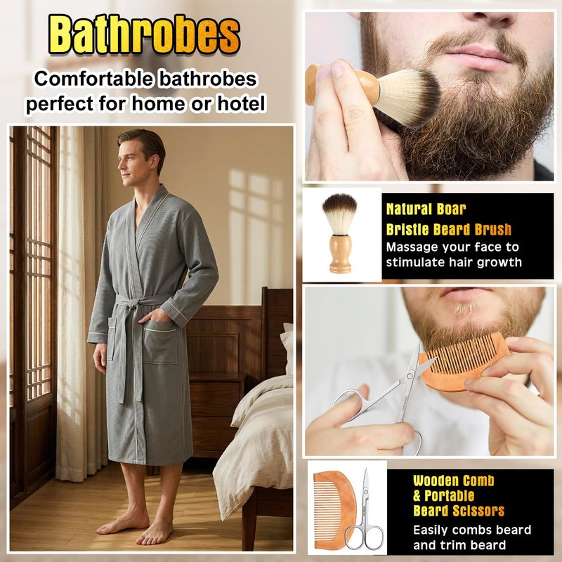 Shyyween 10 Pcs Birthday Gifts Baskets for Men Father Gift Get Well Soon Gifts Beard Care Set Graduation Gift for Him with Bathrobe, Wallet, Beard Comb & Brush Set for Dad Boyfriend Husband(Gray)