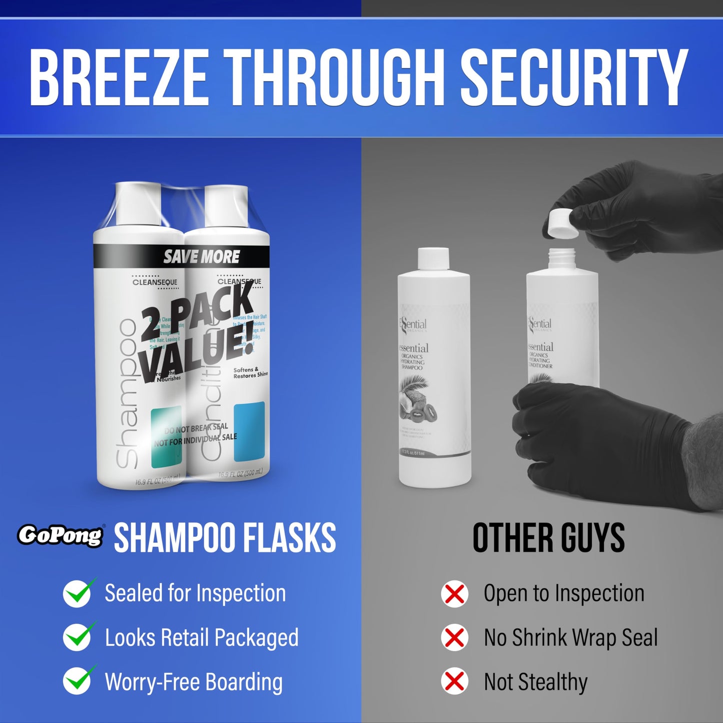 GoPong Shampoo Flasks 2 Pack (33 oz Total) - Hidden Alcohol Travel Flasks - Secret Liquor Containers for Cruises - Includes Funnel & Spout