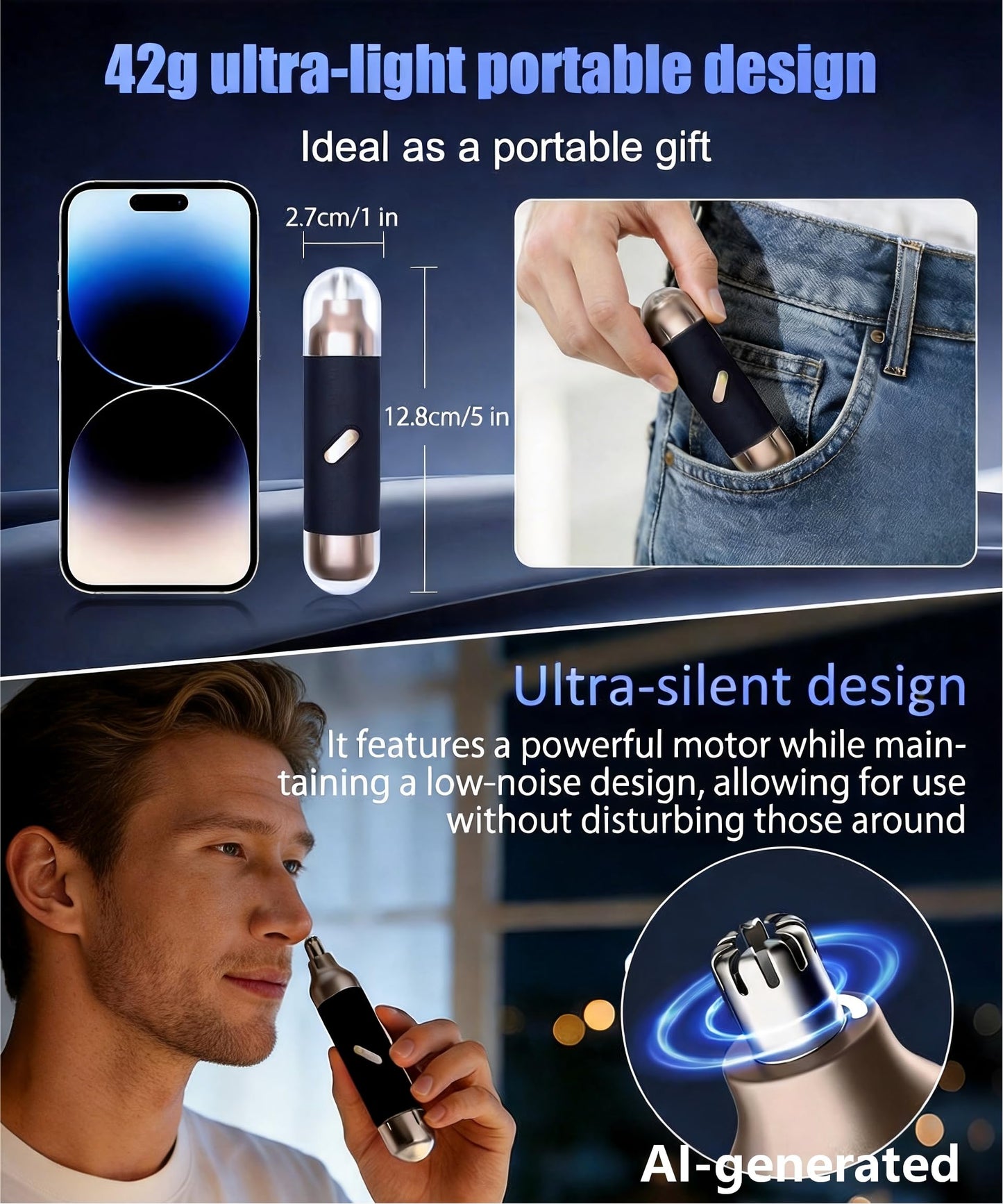 Nose Hair Trimmer for Men & Women, 2 in 1 Electric Nose and Ear Hair Trimmers Ear & Eyebrow Grooming Kit Face Clipper with Powerful Motor and Dual-Edge Blades Waterproof, Portable Travel Size (Blue)