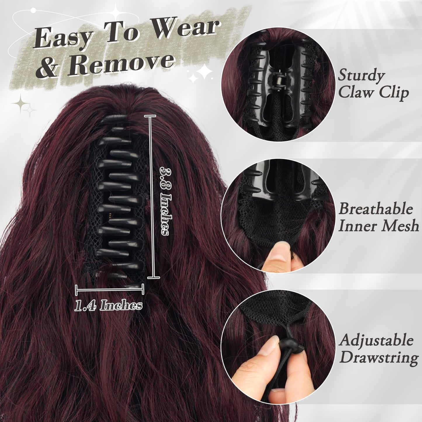 BARSDAR Red Ponytail Extension - 12 Inch Claw Clip Ponytail Extensions for Women - Curly Wavy Multi Layered Synthetic Clip in Ponytail Hairpieces Daily Party Halloween - Dark Burgundy