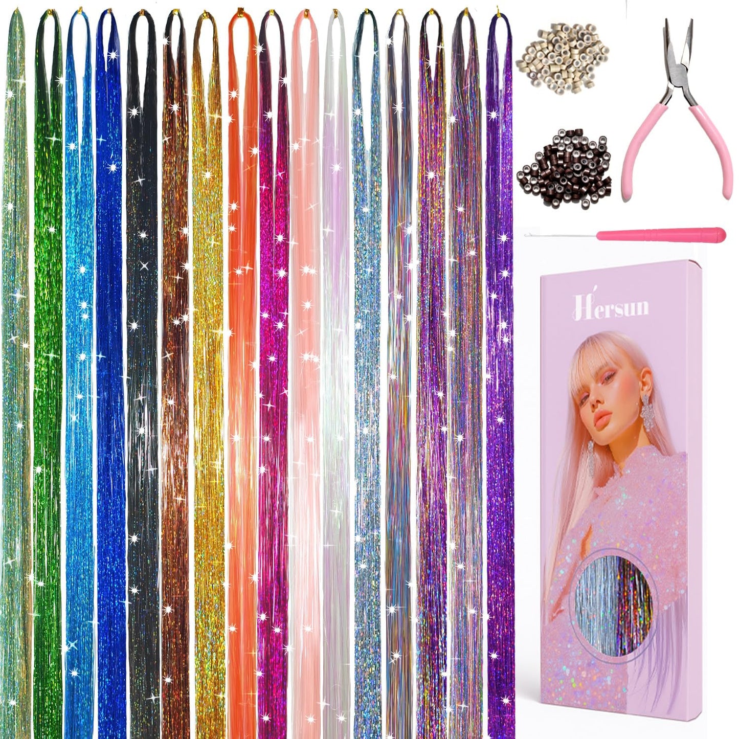 Hersun Hair Tinsel Kit - 10 Colors, 3200 Strands, 48in | Heat-Resistant Fairy Hair Extensions for Parties & Festivals