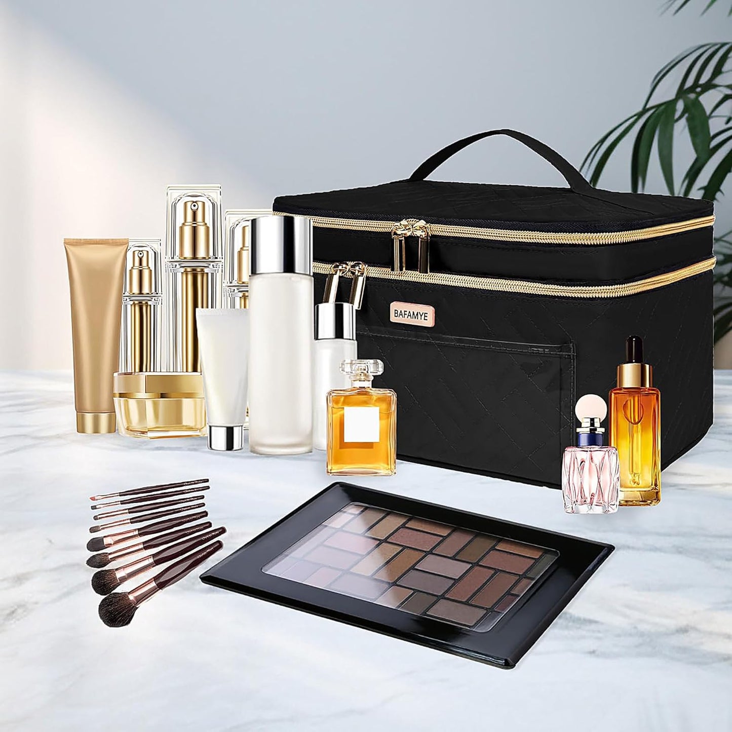 Double Layer Travel Makeup Bag - Large Cosmetic Organizer for Travel Accessories | Black, 8.8L Capacity