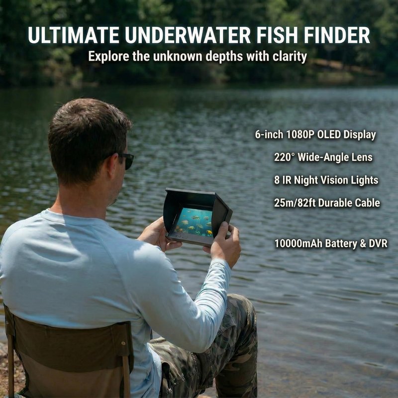 Takkicept Underwater Fishing Finder Camera: 6'' HD 1080P OLED Display Ice Fishing Camera - 220°Wide-Angle Lens 8 IR Lights & 25m/82ft Cable - DVR Portable Fish Finder for Sea/Lake/Boat/Kayak Fishing