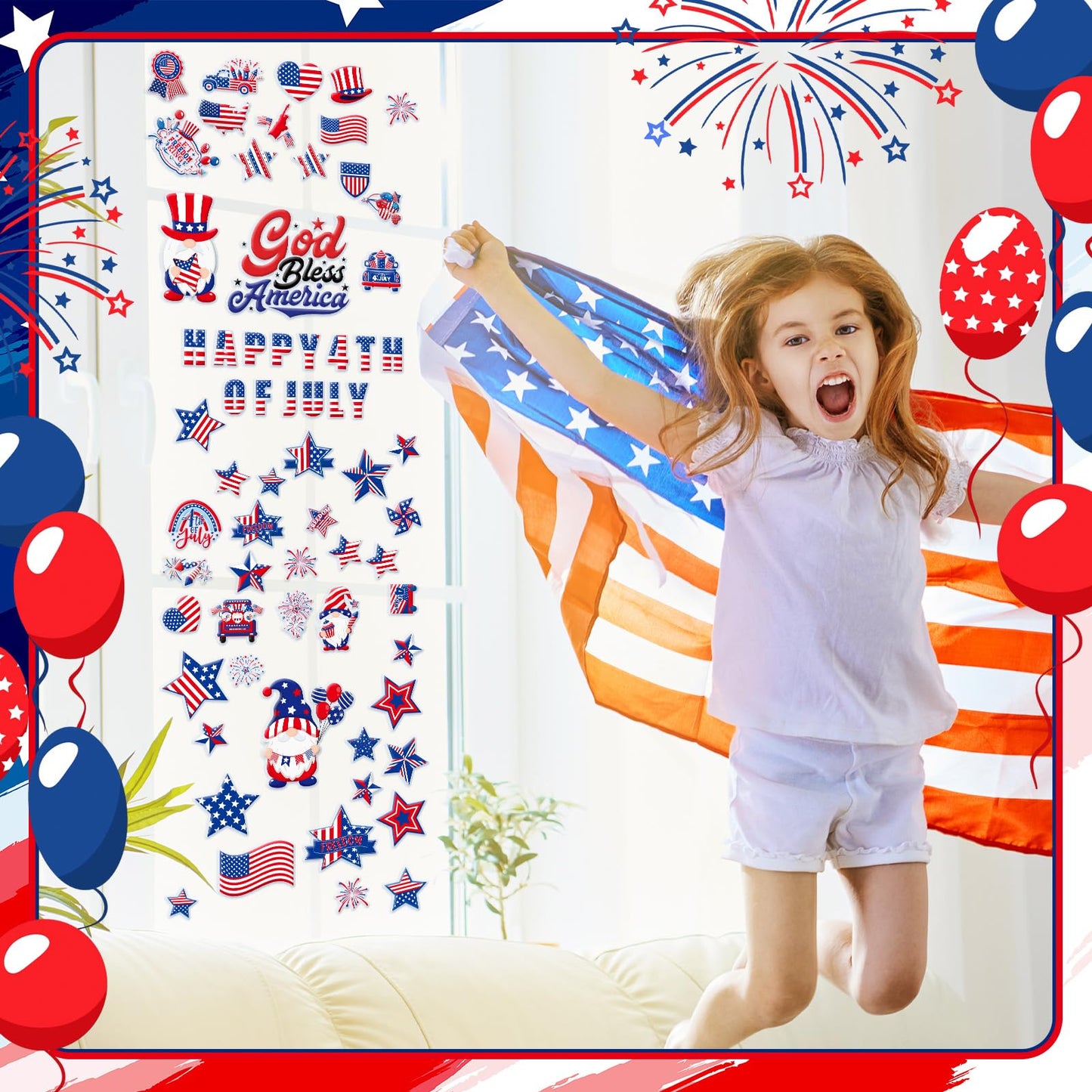 Tellingyou 65 Pcs 4th of July Gel Window Clings Patriotic Stickers Decals Red Blue White American Star Flag Clings for Independence Day Home