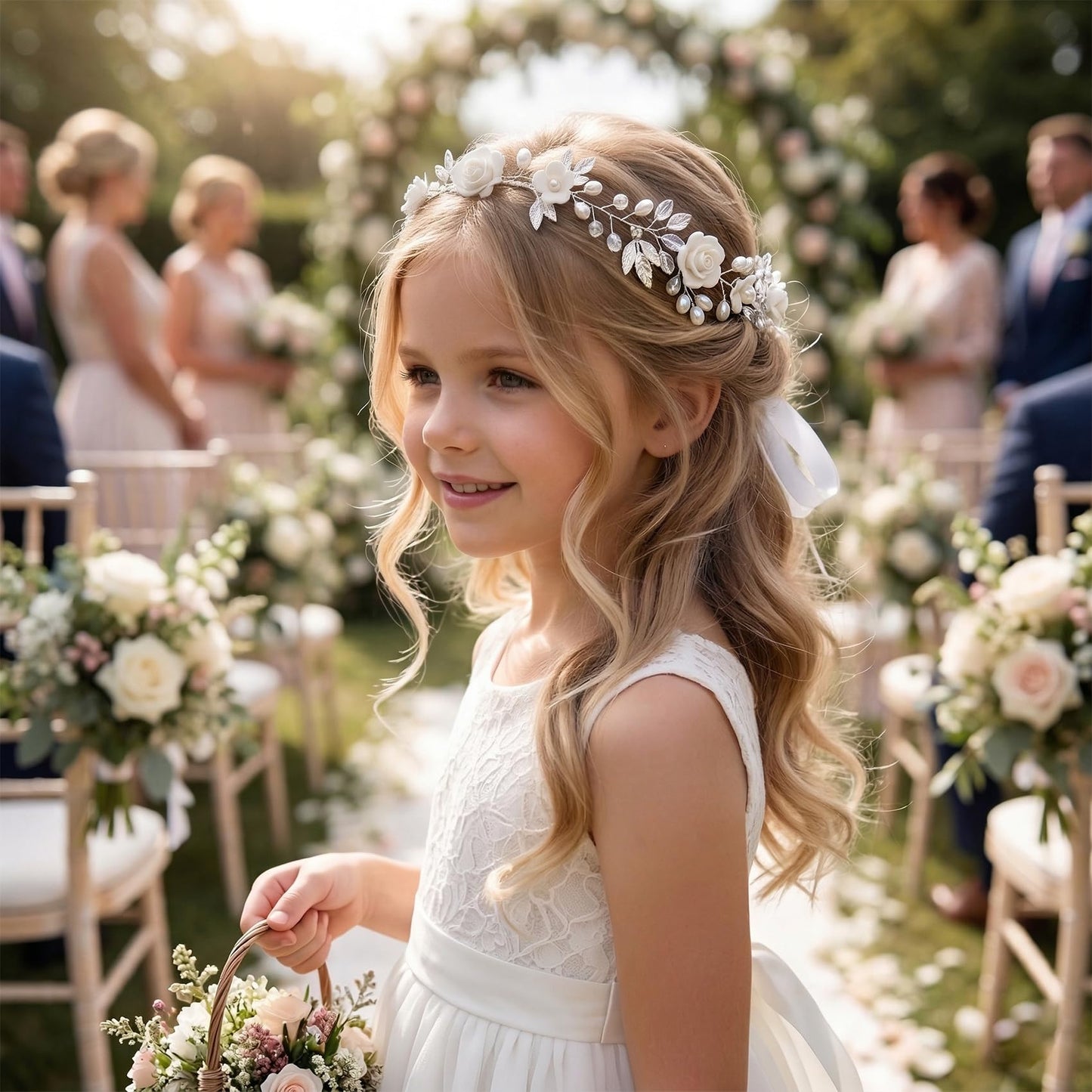 Floral Fall Flower Wedding Hairpiece Pearls Bridal Hair Accessory with Crystals for Women (Silver and white)