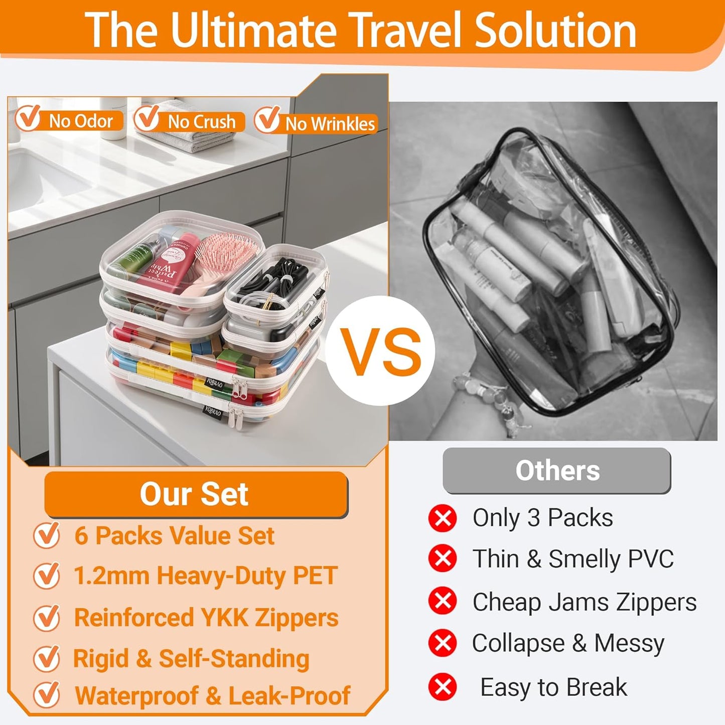 Clear Hard Shell Zipper Case Set - 6 Pack Heavy Duty Crush-Proof Diaper Bag Organizer Pouches | TSA Approved Travel Makeup & Toiletries Bags (2L, 2M, 2S)