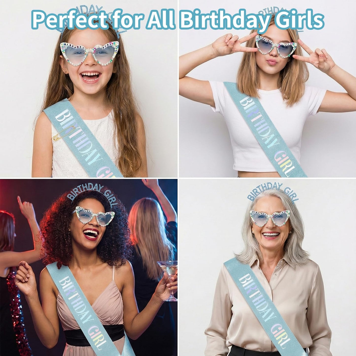 GZJINYUAN 3Pcs Birthday Girl Sash Headband Set- Glitter Sashs Rhinestone Headband Sunglasses, Birthday Sash Accessories for Women Girls (Blue)