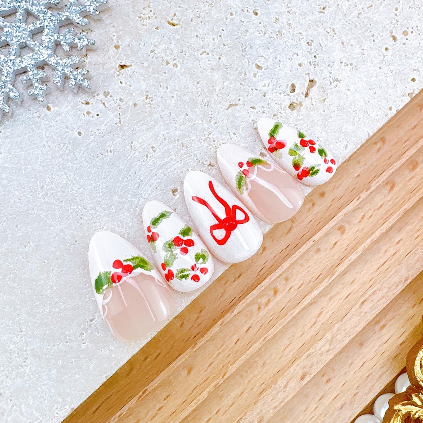 Christmas Press-On Nails - 24Pcs Short Almond Acrylic Set with Holly & Bow Designs | Winter White French Tips
