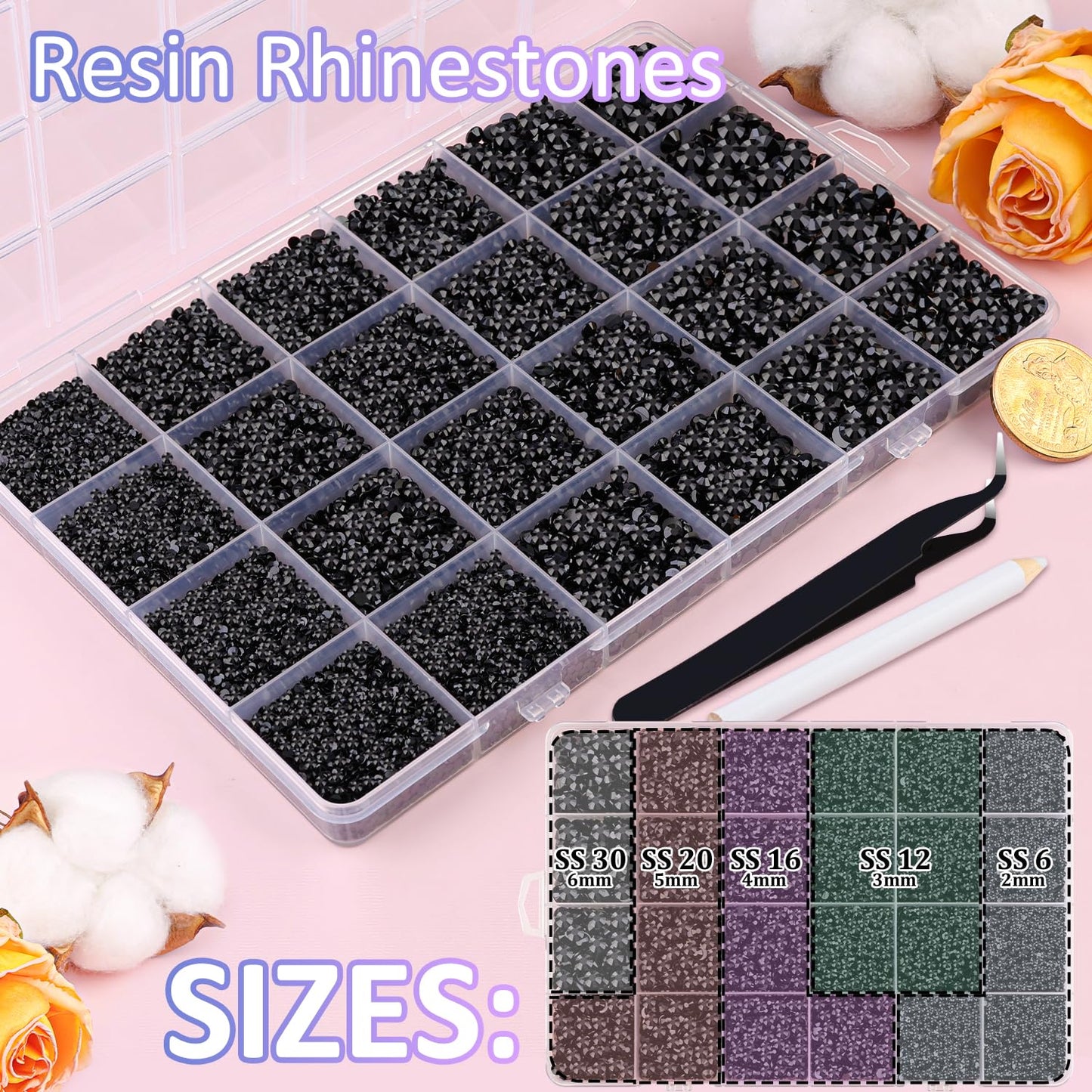 32000 Pcs Black Rhinestones - Flatback Resin Gems for Bedazzling | Jewelry Glue & Tweezers Included