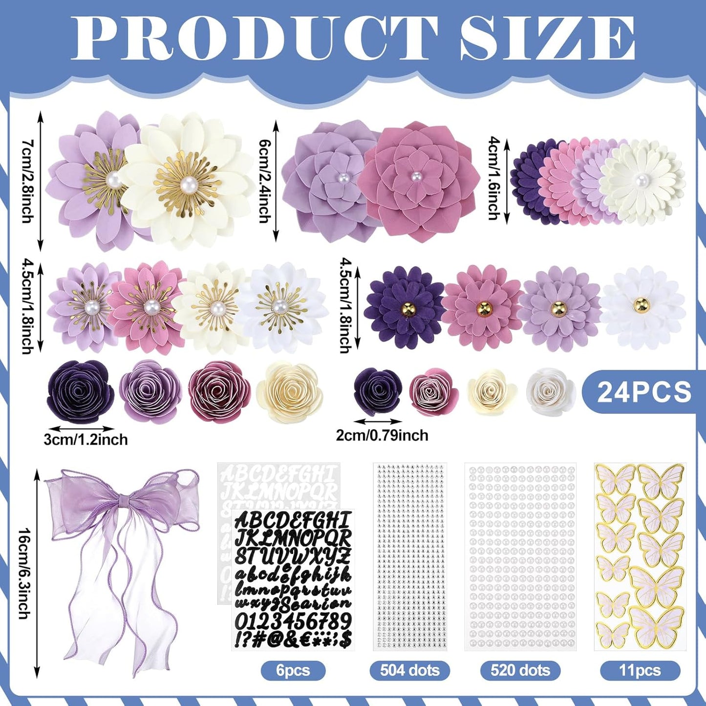 DIY Graduation Cap Decorations Kit - 46 Pcs with Paper Flowers, 3D Butterflies, Rhinestones & Ribbon Bow | Purple