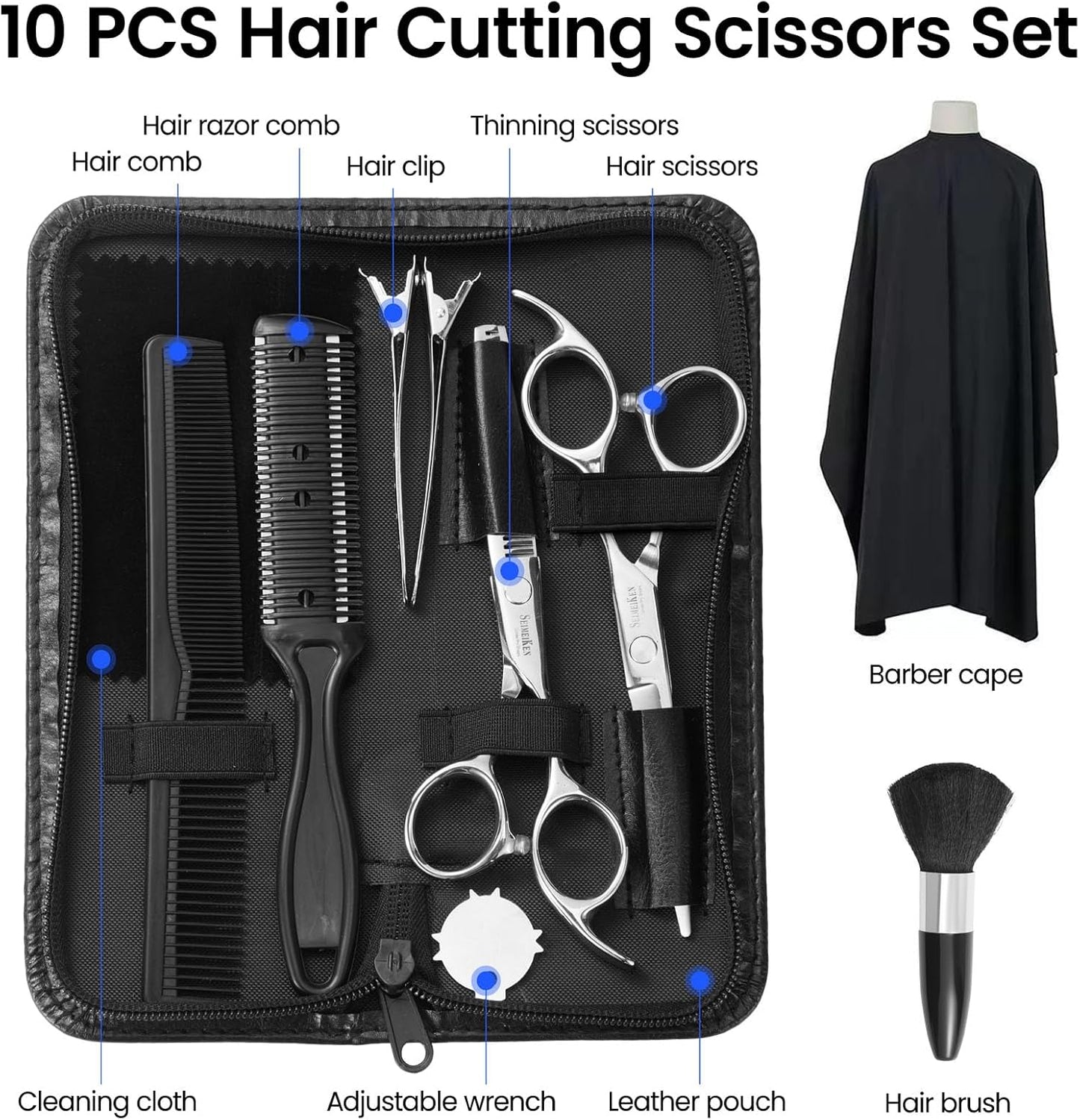 Professional Hair Cutting Scissors Kit - 10-Piece Shears Set | 6-Inch Thinning & Hairdressing Scissors for Salon & Home Use