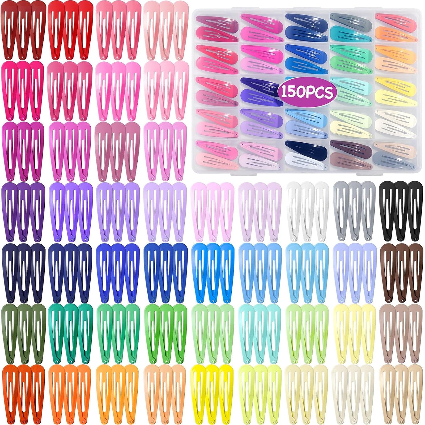 Colorful Snap Hair Clips - 150 Pcs in 50 Colors | 2-Inch Non-Slip Barrettes for Girls & Women with Storage Case