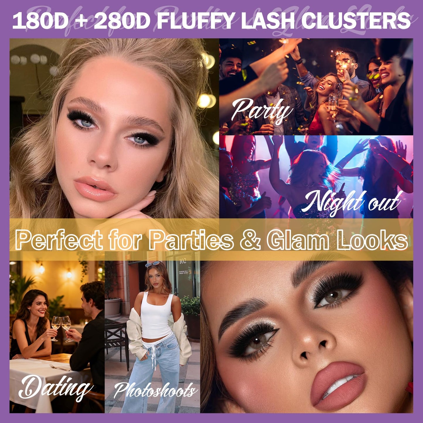 Burhhoi Fluffy Lash Cluster Kit 180D + 280D Mega Volume, 10–20mm Mixed Lengths, Thick Eyelash Extension Kit for Dramatic Glam Look, Soft Matte Black Lashes with Bond & Seal, Tweezers & Remover