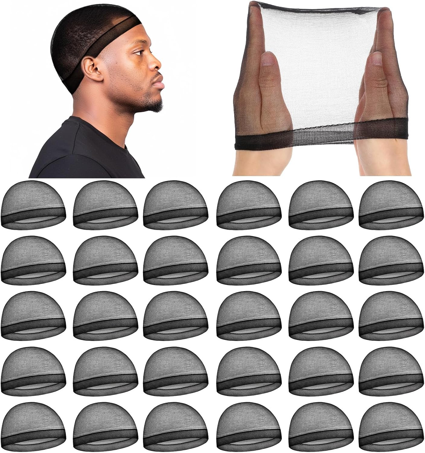 Stocking Wave Cap for Men - 30 Pcs Elastic Stretchy Hair Net | Breathable & Comfortable Black Wig Caps