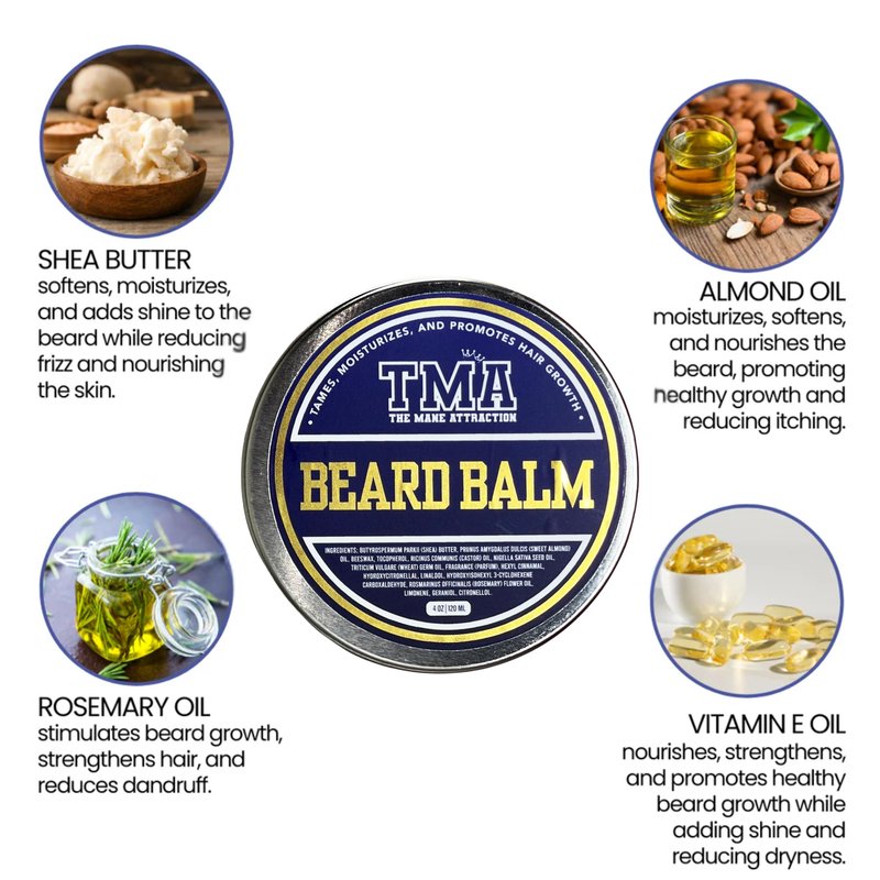 The Mane Attraction Beard Balm for Men – Moisturizing Beard Butter with Shea Butter & Beeswax – Softens, Conditions & Light Hold Styling – Castor & Rosemary Oils – Frizz Control – 2oz