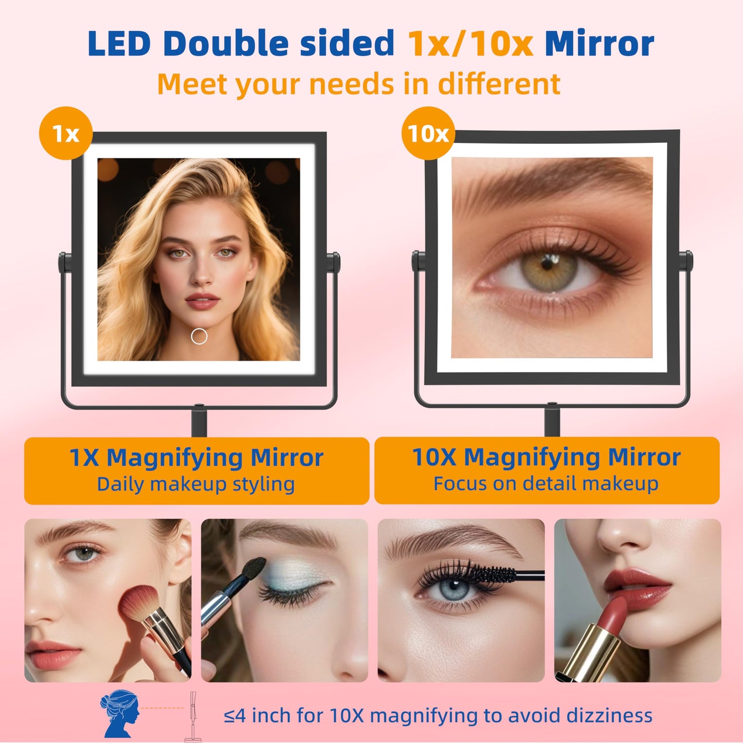 Ruacq Makeup Mirror with Lights, 4000mAh Rechargeable Magnifying Mirror with Light, 1X/10X, Height Adjustable Bathroom Vanity Mirror, 3 Colors, Adjustable Brightness (Matte Black)
