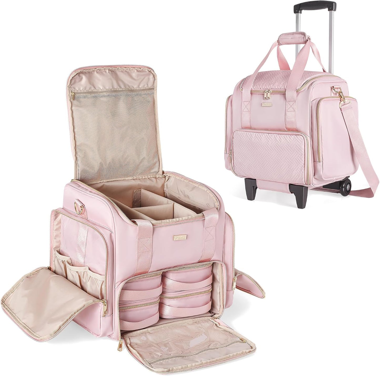 Rolling Makeup Case - Professional Makeup Train Case with 4 Removable Bags & Wheels | Pink Patent Design