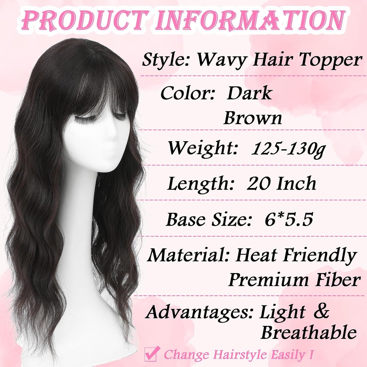 Hair Toppers for Women - 20 Inch Hand-Tied Breathable Clip-In Human Hair Pieces | Dark Brown Wispy Bangs