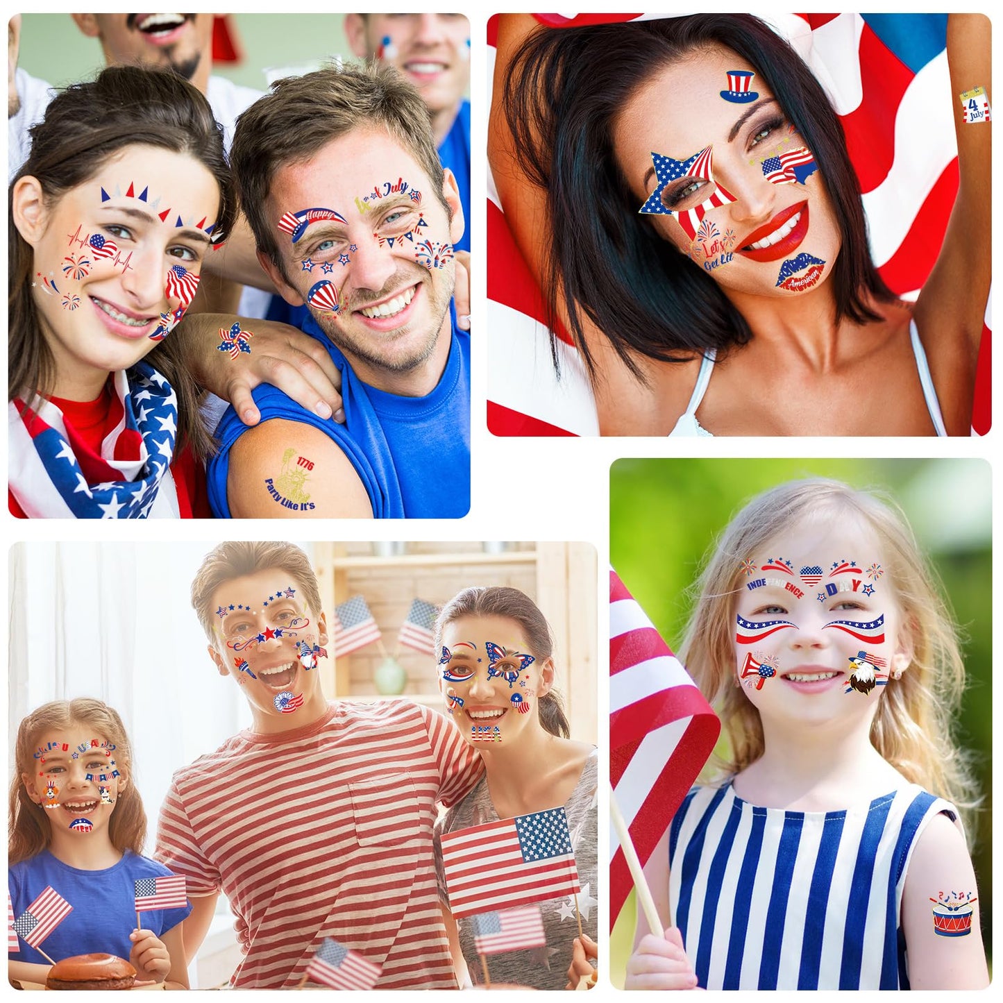 HOWAF 9 Sheets USA Glitter Face Tattoos, 4th of July Face Art Temporary Tattoo for USA Patriotic Parades Celebrations, Red White Blue Face Tattoos Stickers for Independence Day Supplies