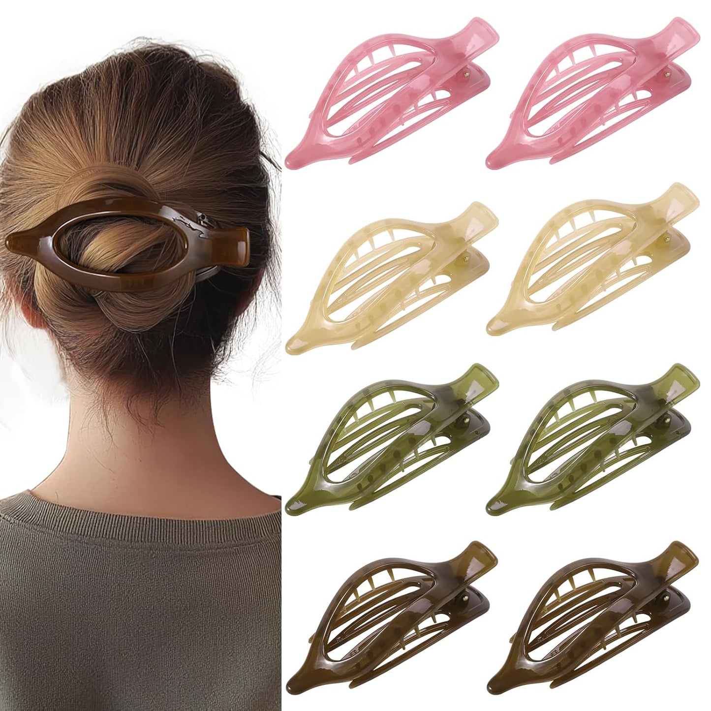 Flat Hair Clips for Women - Matte No Crease Large Claw Clips | Strong Hold Barrettes for Thick & Thin Hair - 8 Pack