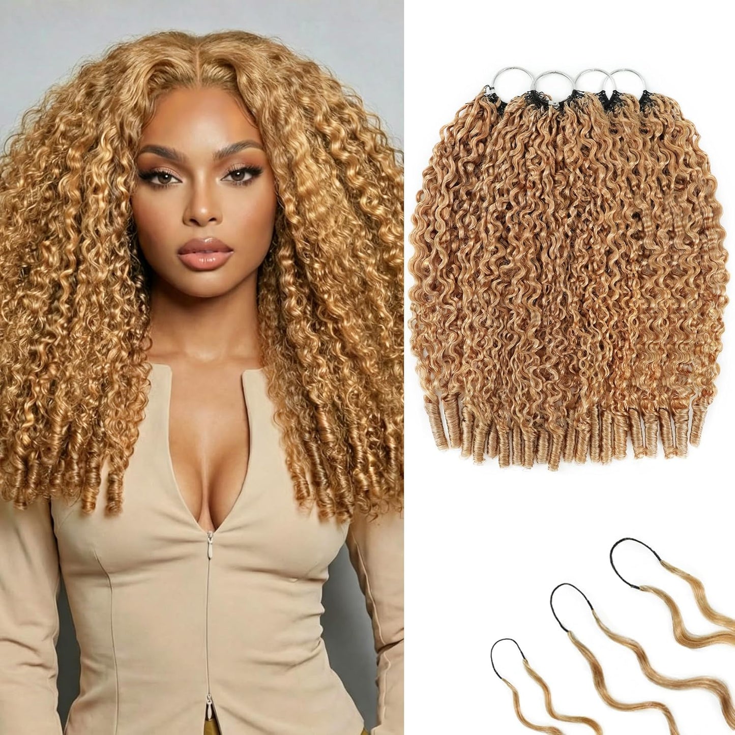 Honey Blonde Burmese Curly Crochet Hair - 20 Inch, 180g Pre-Separated Bundles | Invisible Miracle Knots