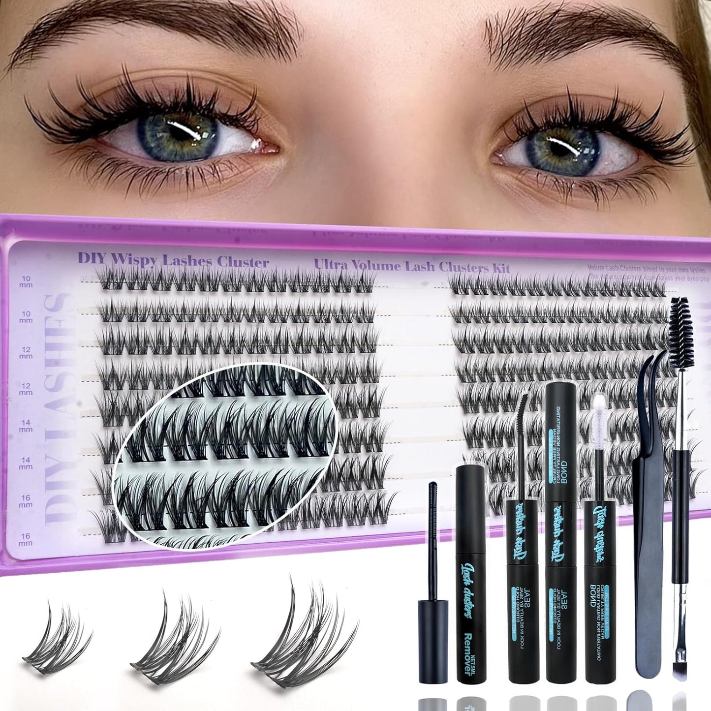 Wispy Lash Clusters Kit - Natural C Curl Eyelash Extensions | 320 Pcs Fluffy 10-16mm DIY Kit for Beginners