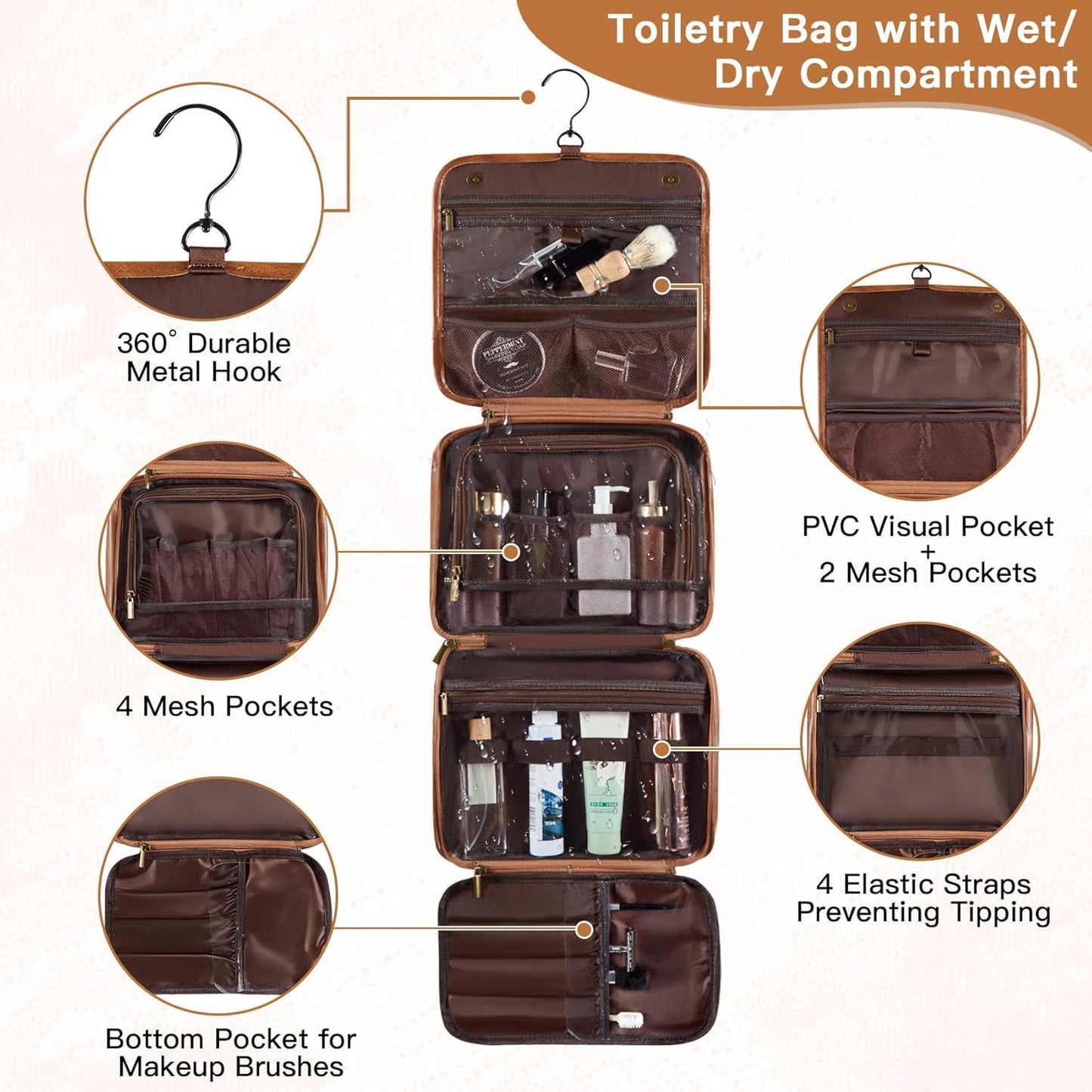 Personalized Toiletry Bag for Men - Large Waterproof PU Leather | 3-in-1 Shaving Kit with Laser-Engraved Initials - Light Brown M