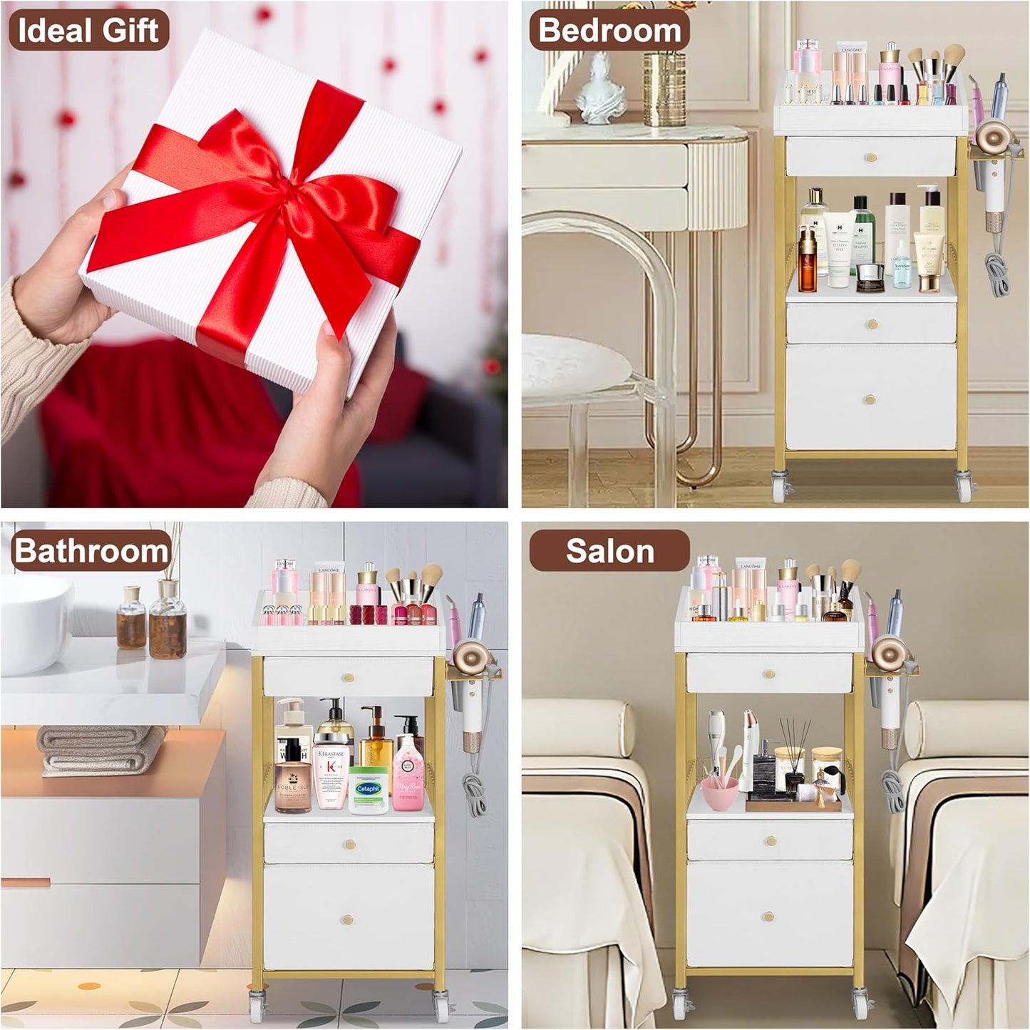 Makeup Organizer Cart - Rolling Vanity Storage with 3 Drawers & Adjustable Dividers | Gold & White