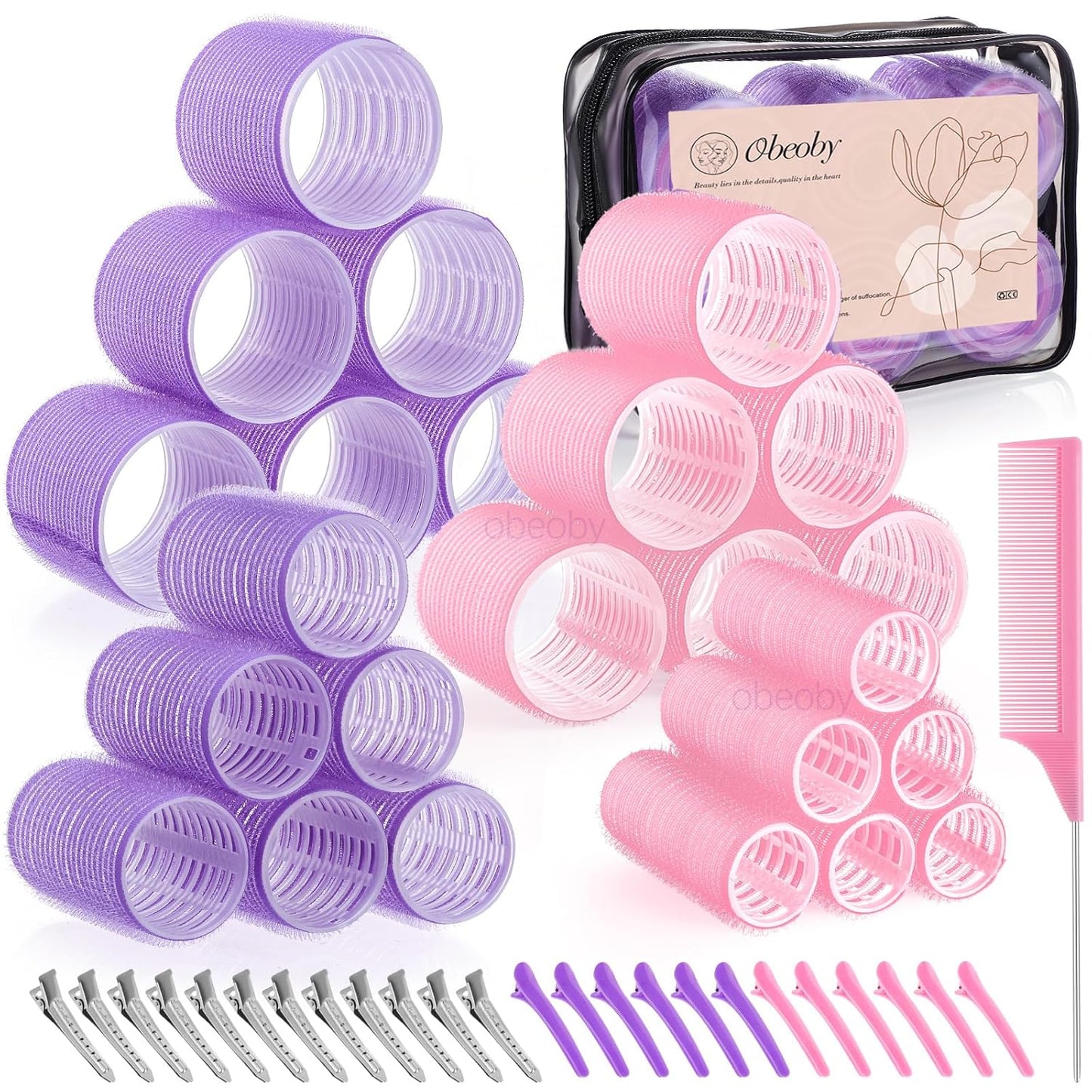 Self-Grip Hair Rollers Set - 50 Pcs Jumbo Curlers for Long & Short Hair | Includes Clips, Black (25mm-60mm)