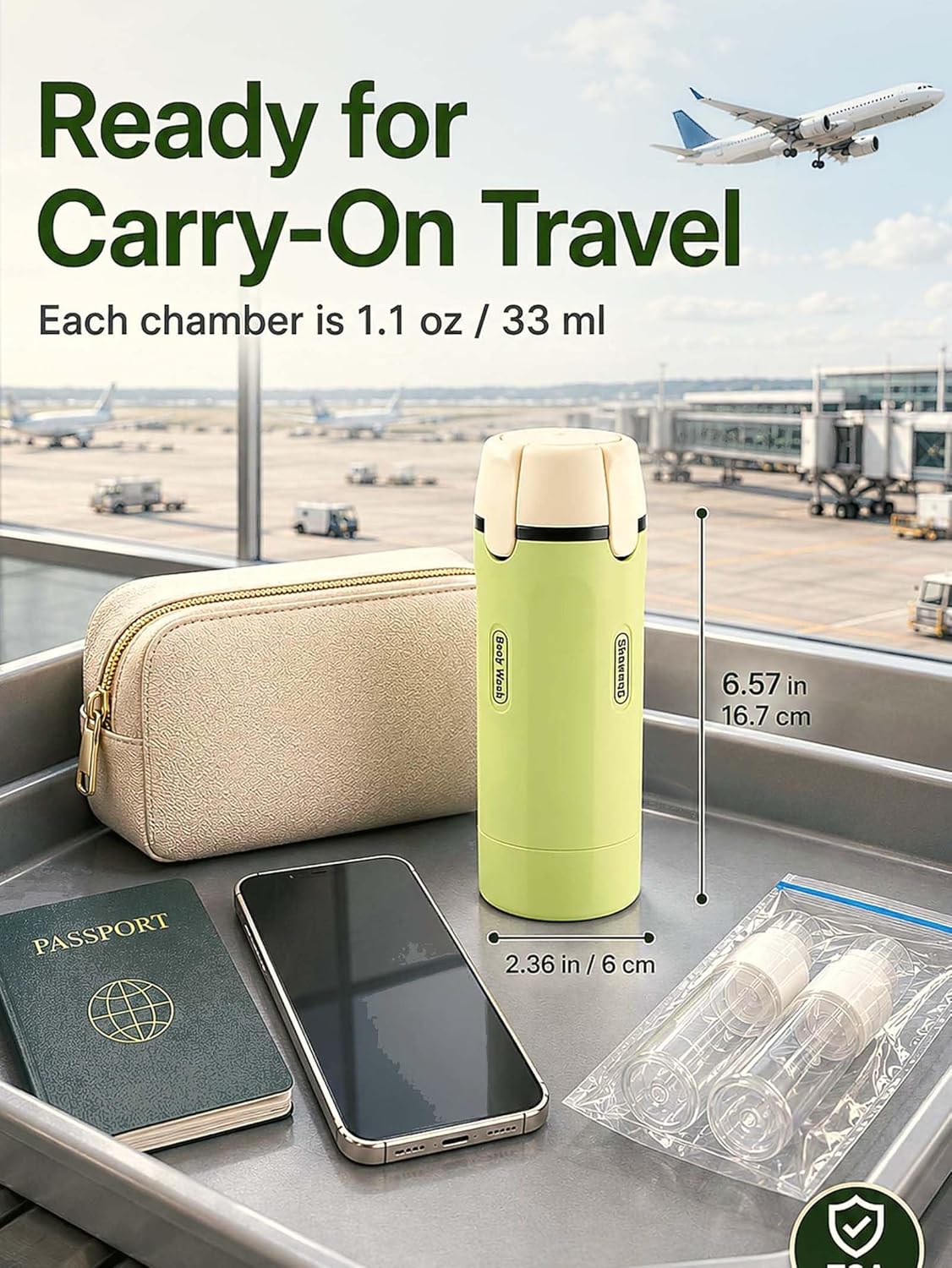 Travel Dispenser Bottle - 4 in 1 TSA Approved Leak Proof Toiletry Containers for Shampoo, Conditioner, Lotion & Skincare | Easy Clean Travel Bottles