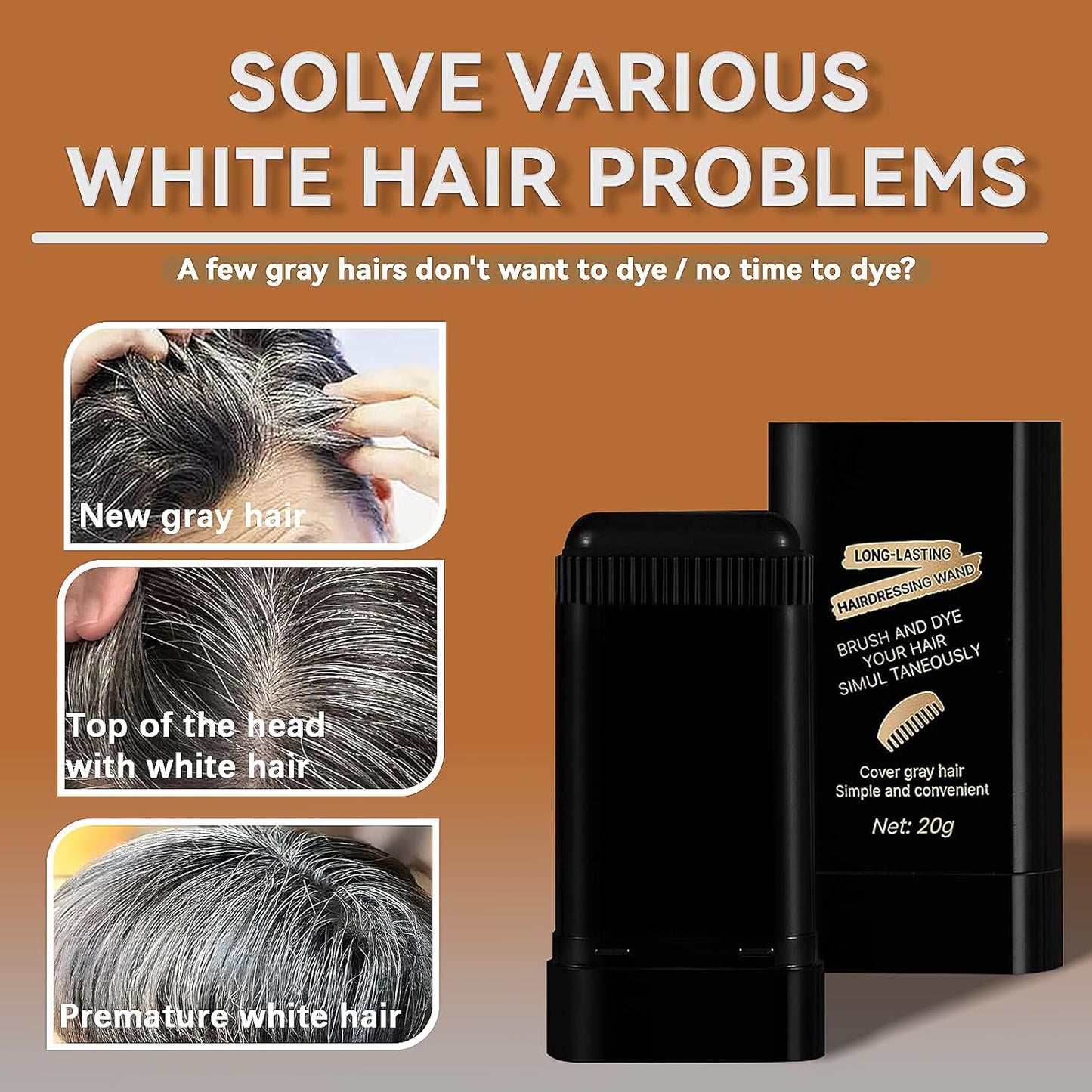Instant Hair Color Stick & Comb - 2-in-1 Portable Touch-Up for Gray Hair Coverage | Waterproof, Quick Root Dye (Black)