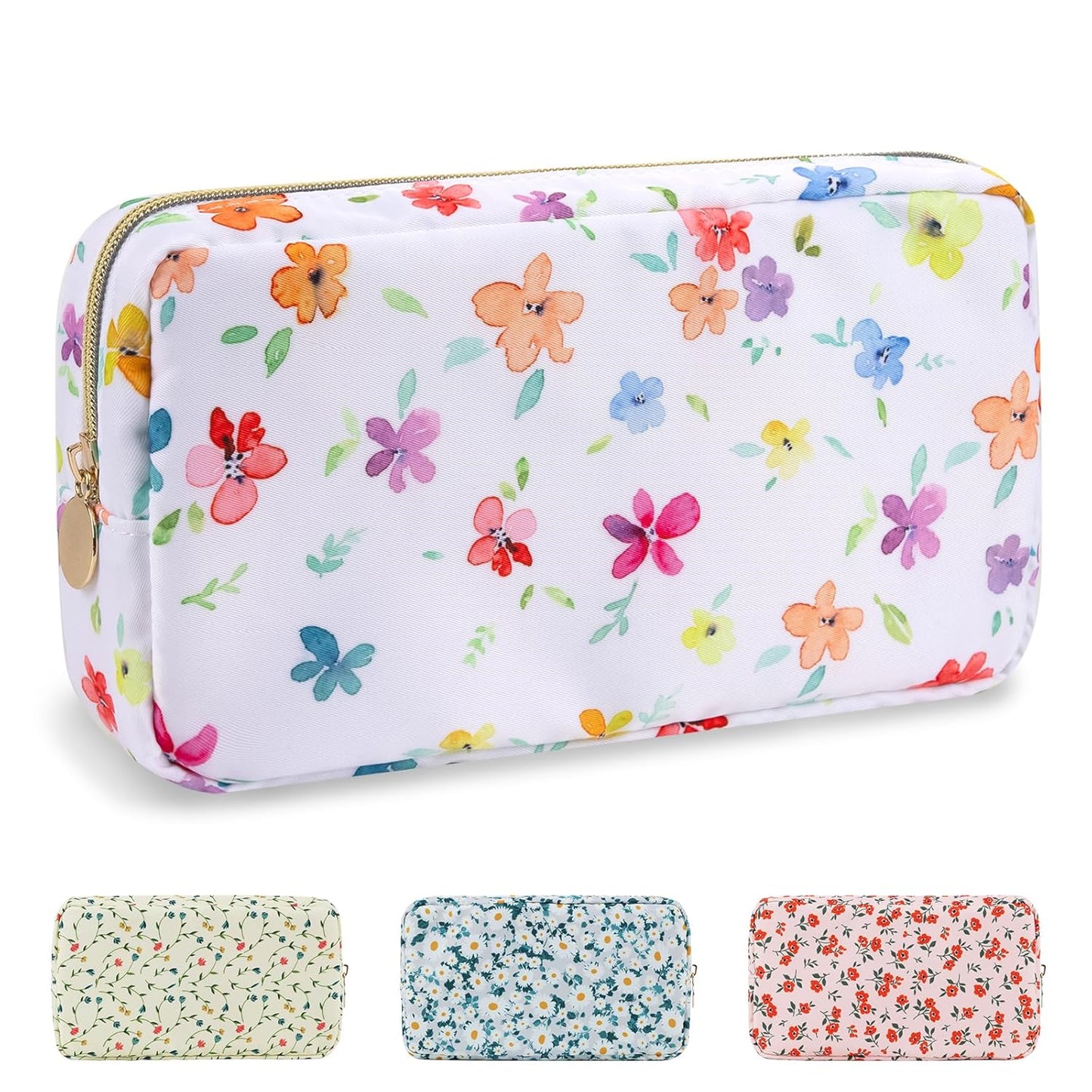Waterproof Mini Floral Makeup Bag - Nylon Travel Pouch for Women | Cute Zipper Toiletry Organizer (Mini White-Flowers)