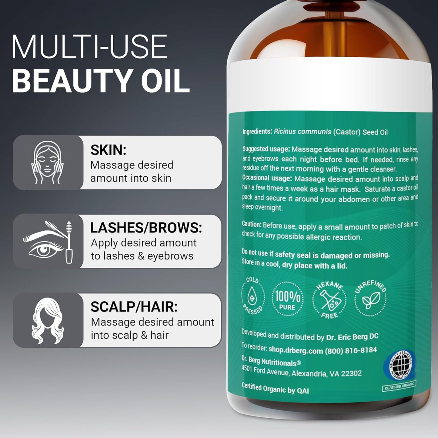Organic Castor Oil - 16 fl oz Cold-Pressed Pure & Unrefined | USDA Organic, Lab Tested, Glass Bottle