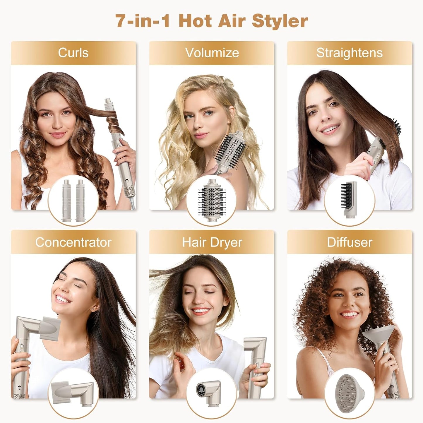 7MAGIC 7-in-1 Hot Air Styler - Versatile Hair Dryer Brush with Auto-Wrap Curlers | Fast Drying & Volumizing, Champagne Gold
