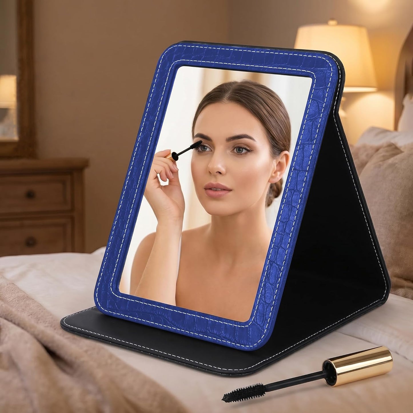 Foldable Desk Mirror - Blue Adjustable Angle Travel Mirror with PU Edge Cover | 6.5×8.9”