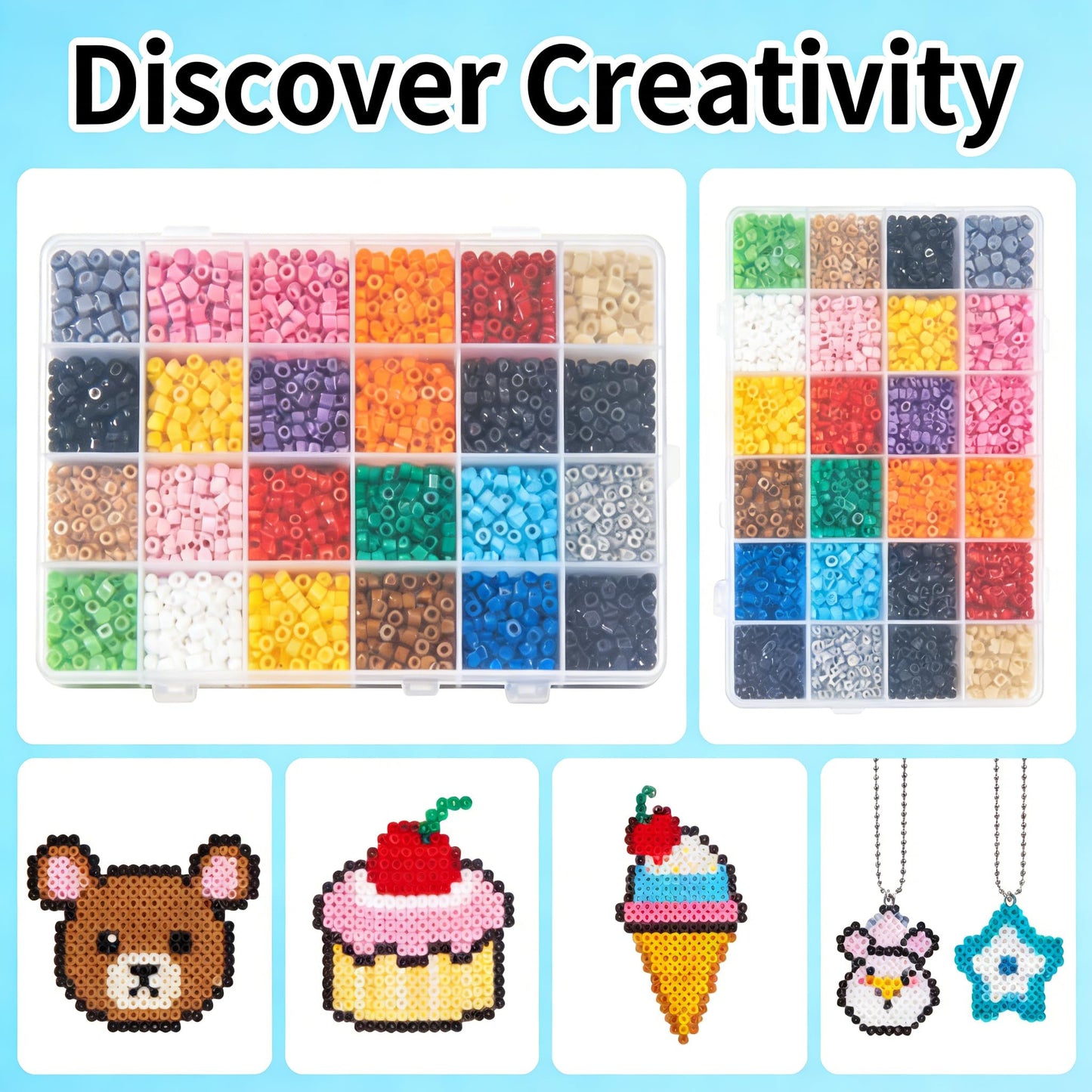 7200 pcs Fuse Beads Kit,2.6mm Mini DIY Craft Puzzle with 1 Color Card,24 Vibrant Colors,1.5 High Box with Approx 300 Beads per Grid,Pixel Art Craft Supplies for Adult Crafters
